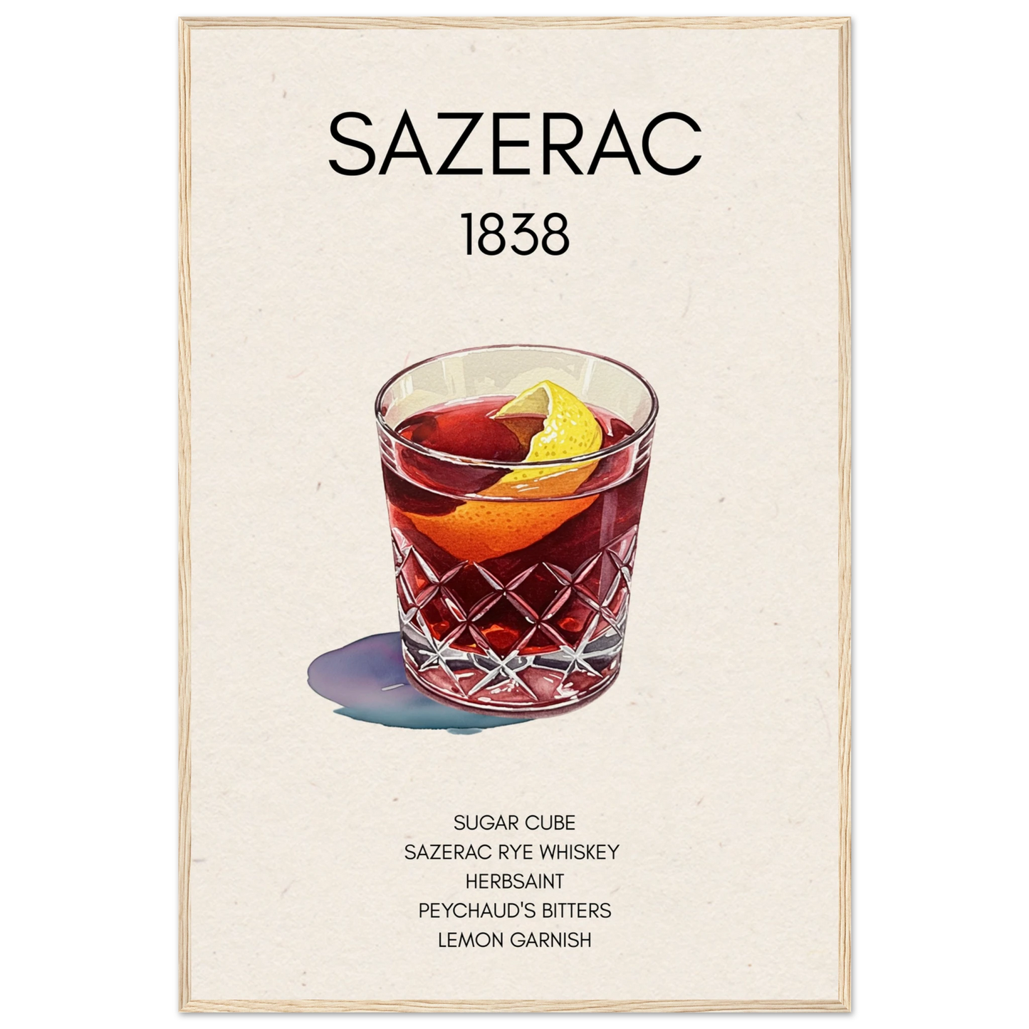 Sazerac Cocktail Bar Poster Print Light Wood Frame 60x90 cm 24x36″ Museum-Quality Matte Paper Wooden Framed Poster