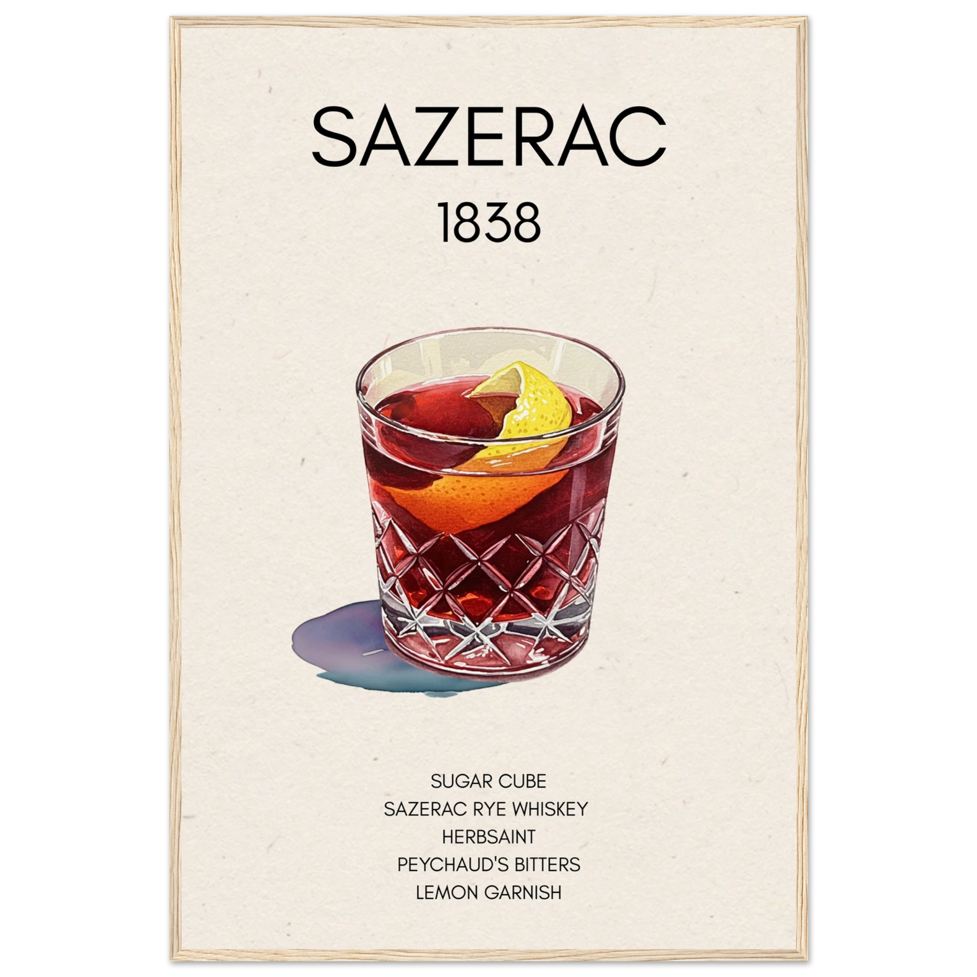 Sazerac Cocktail Bar Art Print Light Wood Frame 60x90 cm 24x36″ Museum-Quality Matte Paper Wooden Framed Poster