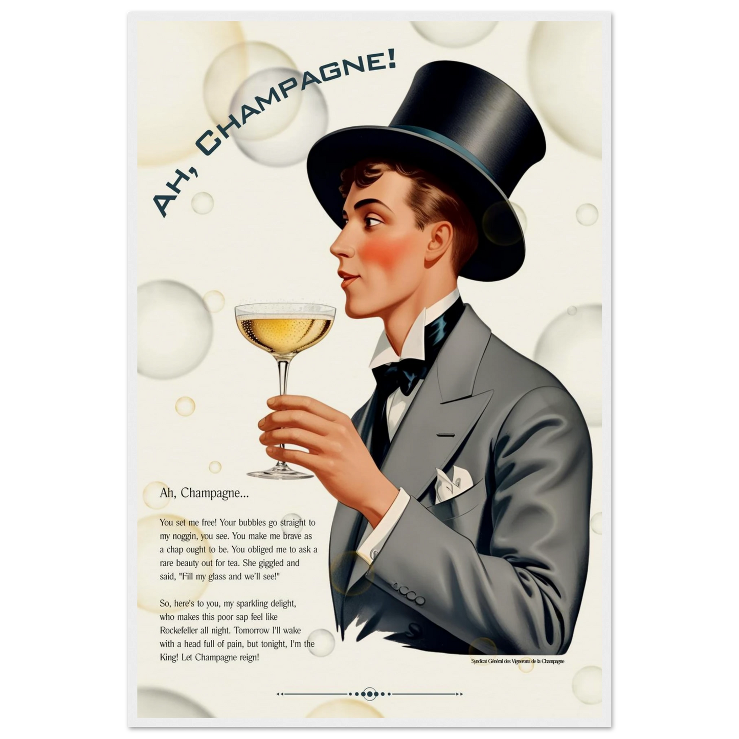 Art Deco Champagne Funny Poem Art Print 60x90 cm 24x36″ Museum-Quality Matte Paper Wooden Framed Poster White Wood Frame