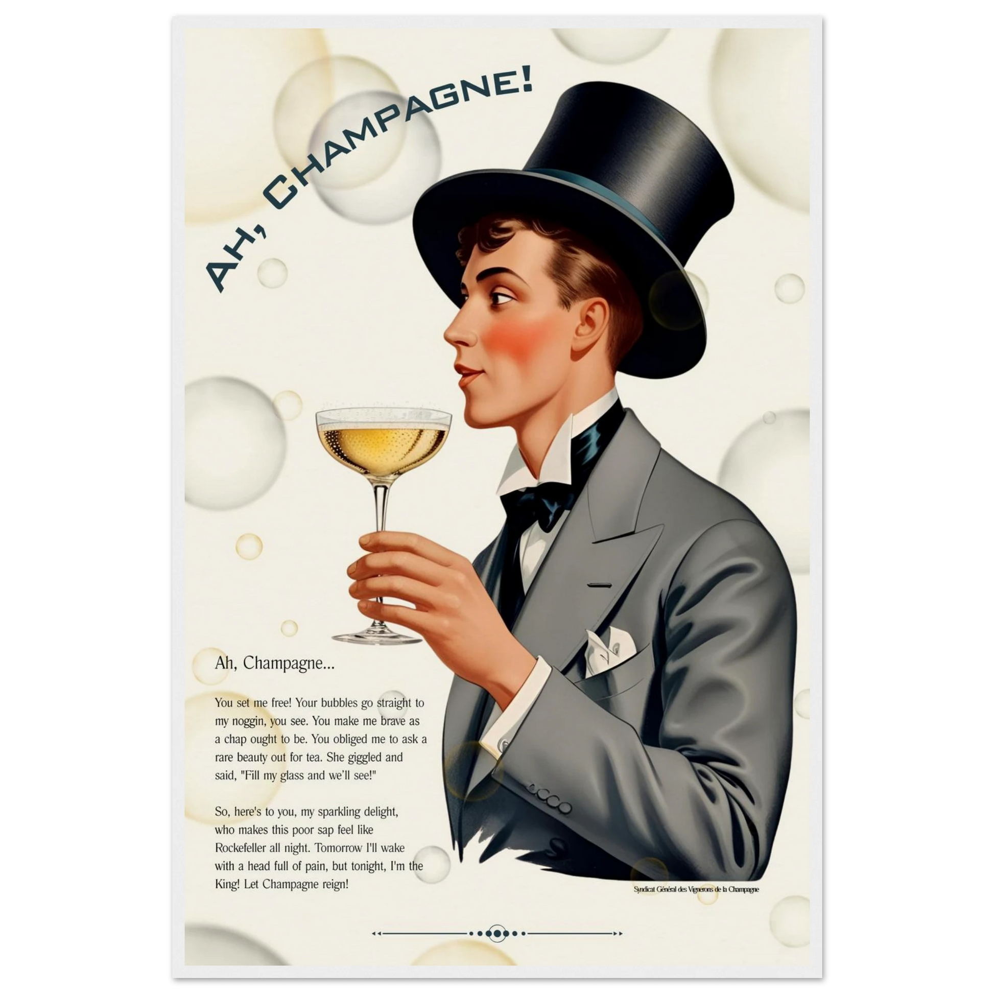 Art Deco Champagne Funny Poem Art Print 60x90 cm 24x36″ Museum-Quality Matte Paper Wooden Framed Poster White frame