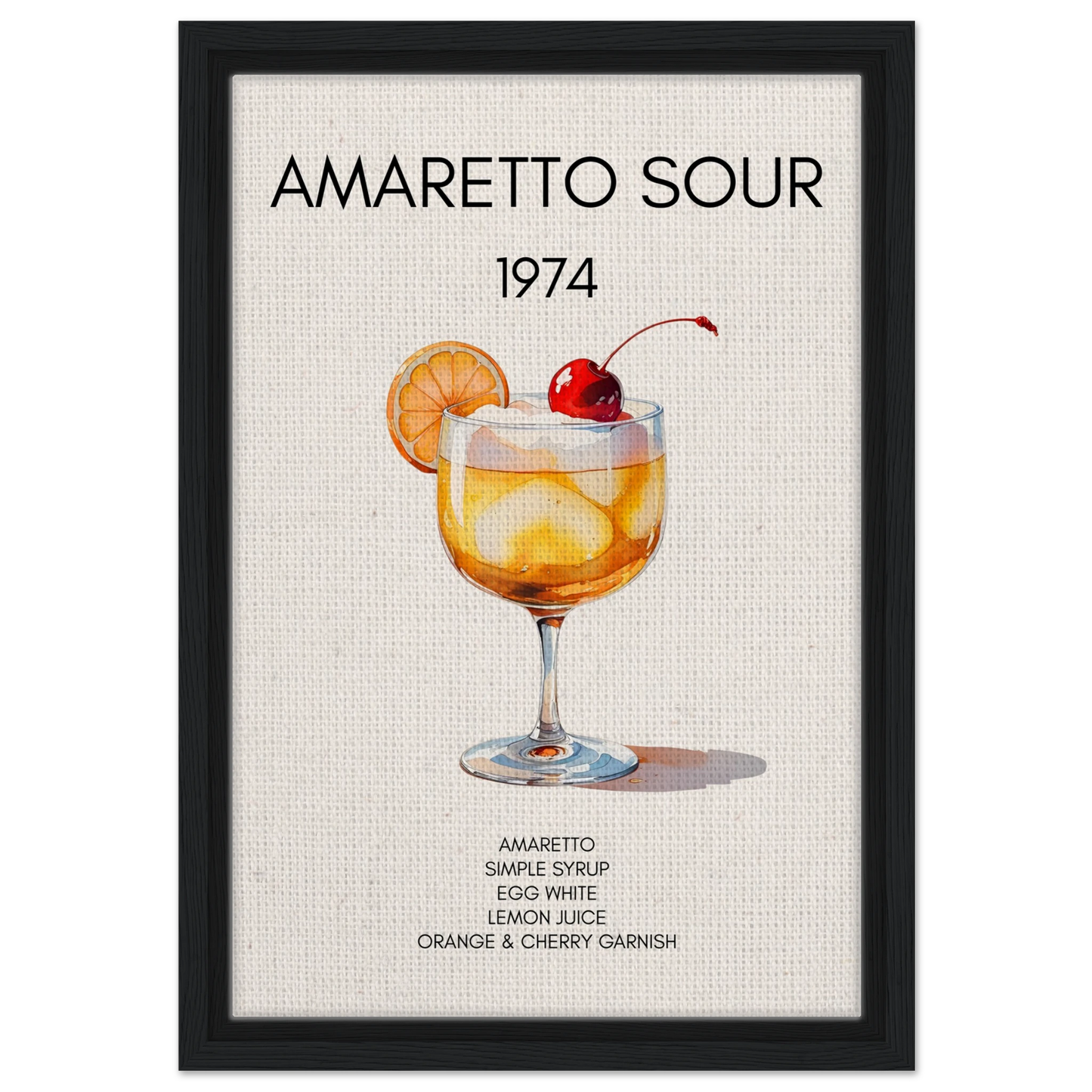 Amaretto Sour Cocktail Bar Art Print Black Wood Frame 30x45 cm 12x18″ Framed Canvas