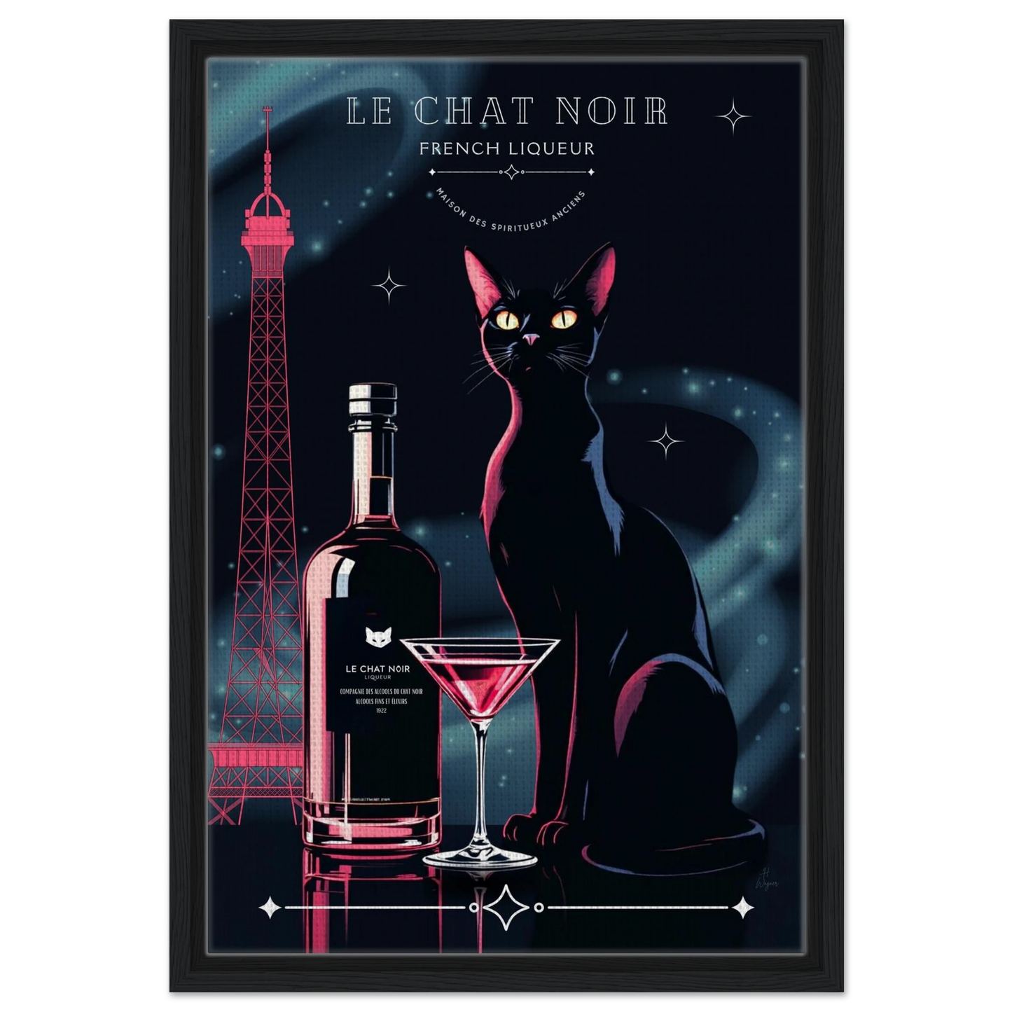 Art Deco Le Chat Noir French Black Cat Art Print 40x60 cm 16x24″ Framed Canvas Black frame