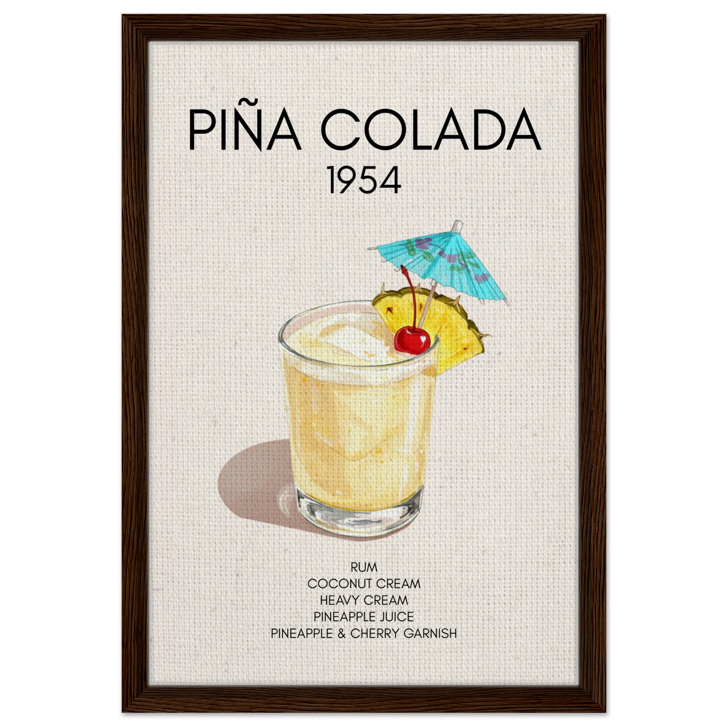 Pina Colada Cocktail Bar Poster Print Dark Brown Wood Frame 40x60 cm 16x24″ Framed Canvas