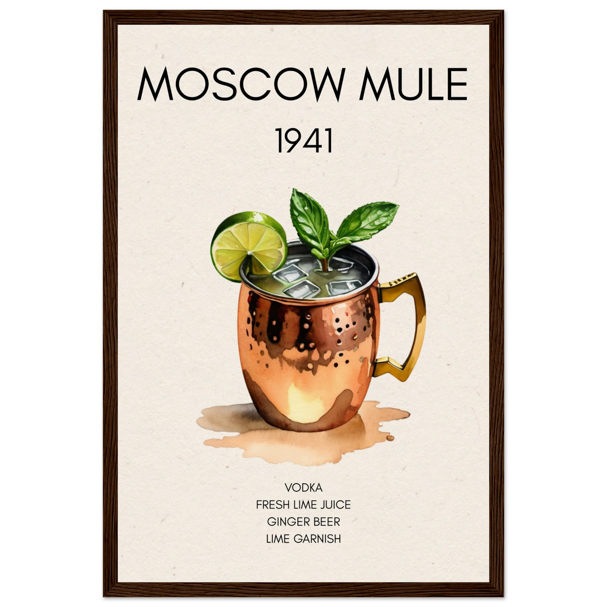 Moscow Mule Cocktail Bar Poster Print Dark Brown Wood Frame 30x45 cm 12x18″ Museum-Quality Matte Paper Wooden Framed Poster