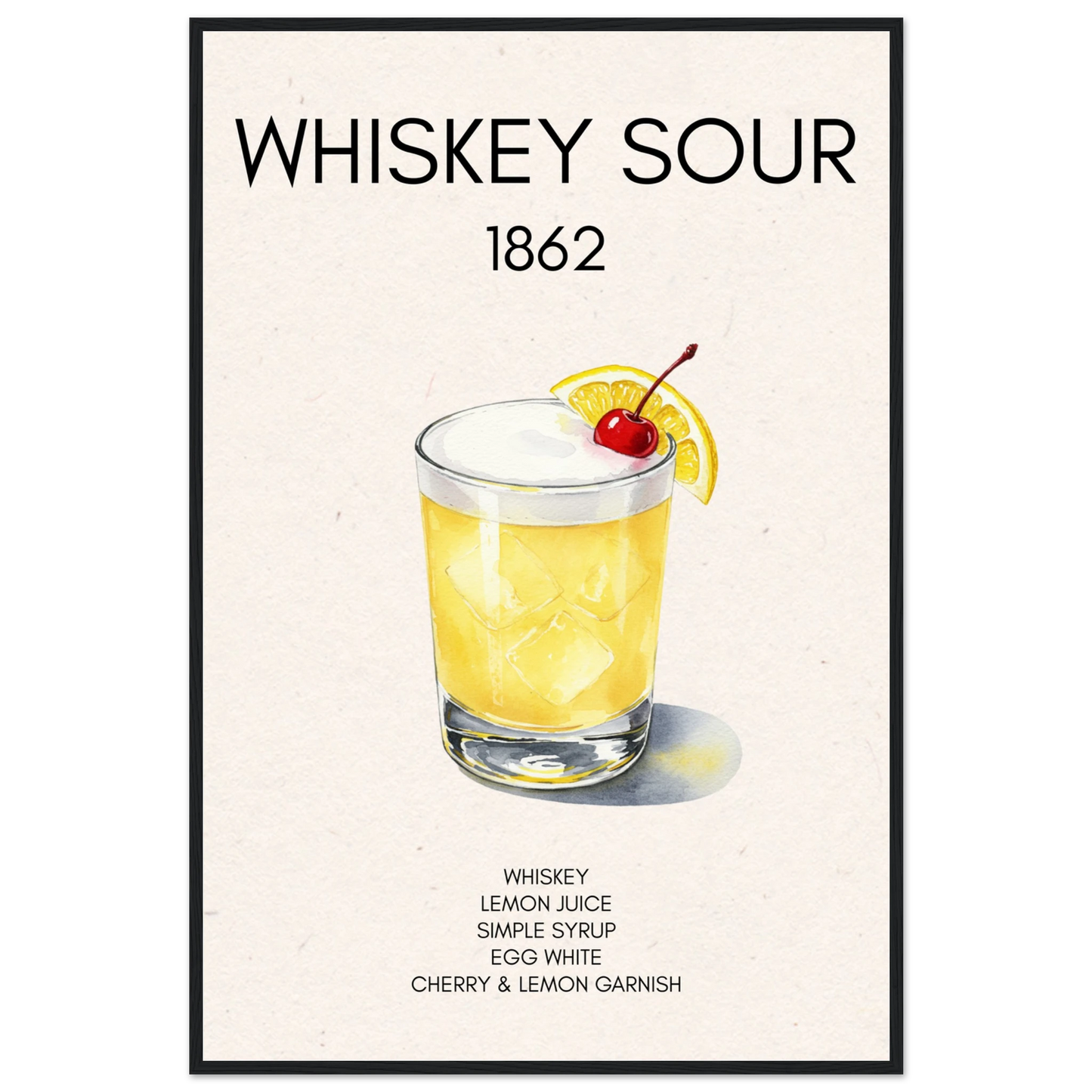 Whiskey Sour Cocktail Bar Poster Print Black Wood Frame 60x90 cm 24x36″ Premium Matte Paper Wooden Framed Poster