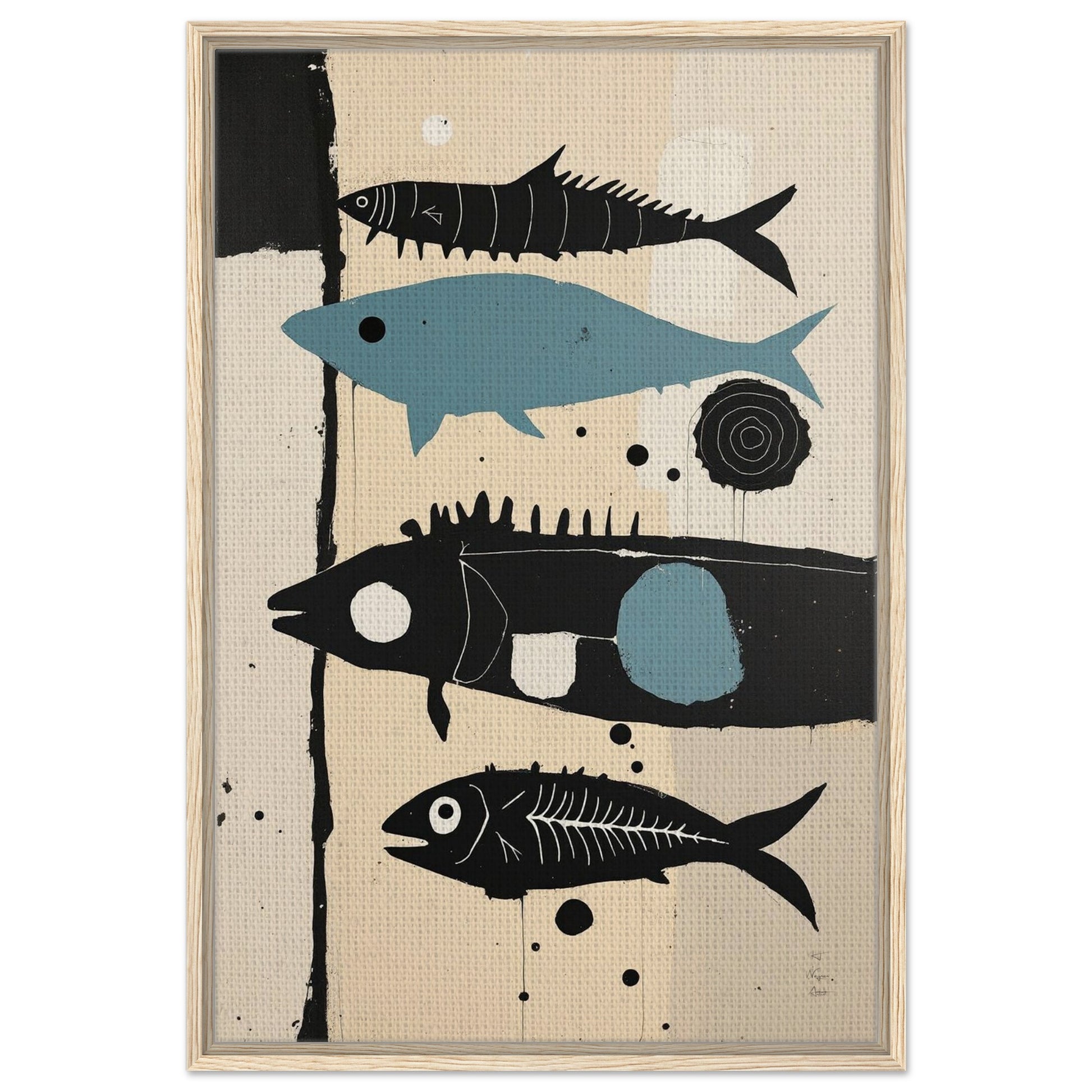 Mid-Century Modern Fish Art Poster Print – Framed Abstract Neutral Wall Decor Light Wood Frame 60x90 cm 24x36″ Framed Canvas