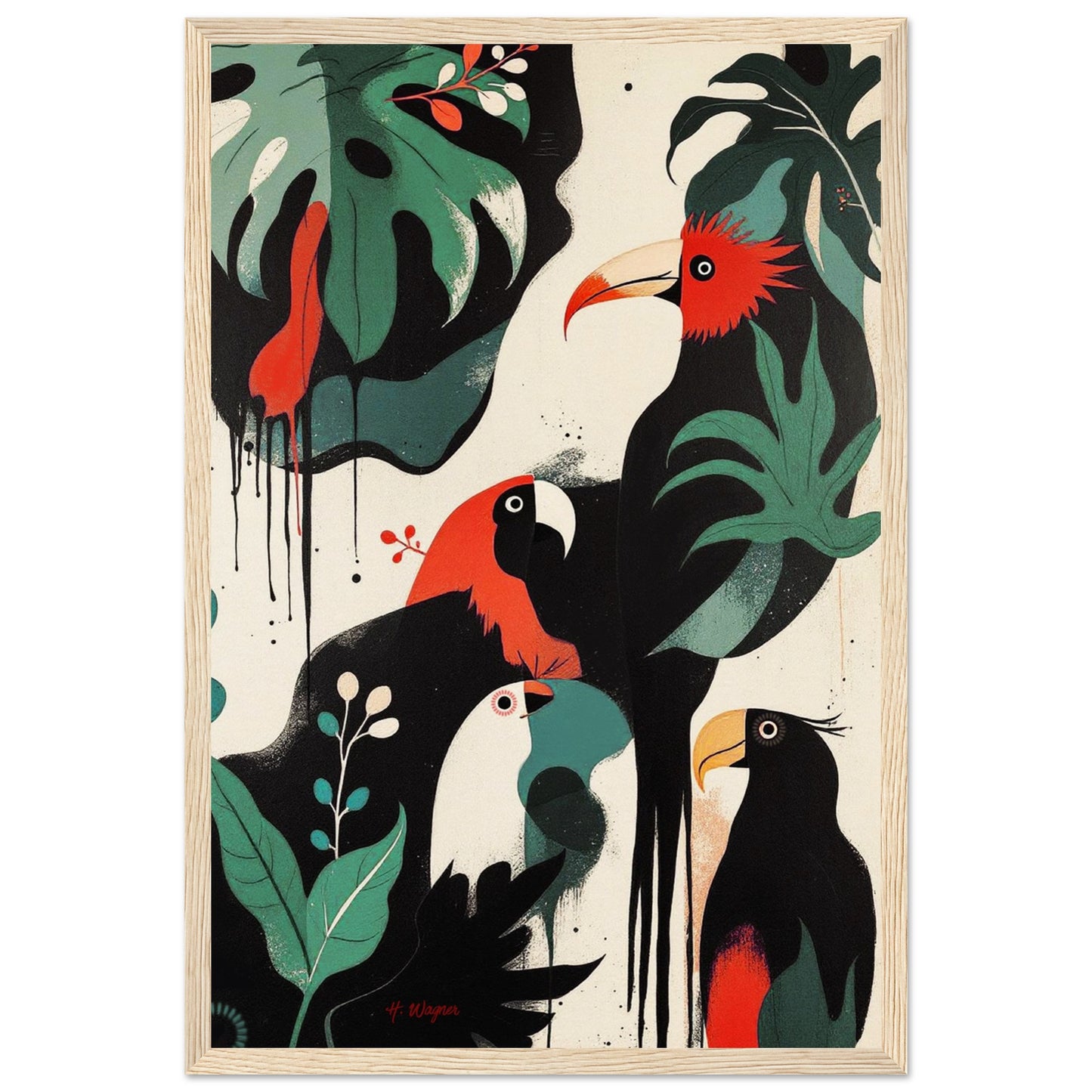 Mid-Century Modern Exotic Bird Art Poster Print - Framed Tropical Parrot Wall Décor Light Wood Frame 30x45 cm 12x18″ Museum-Quality Matte Wooden Framed Poster