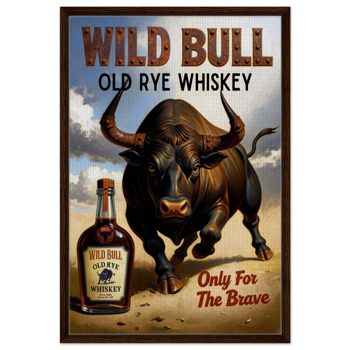 Wild Bull Old West Rye Whiskey Poster Print 60x90 cm 24x36″ Framed Canvas Dark Brown Wood Frame