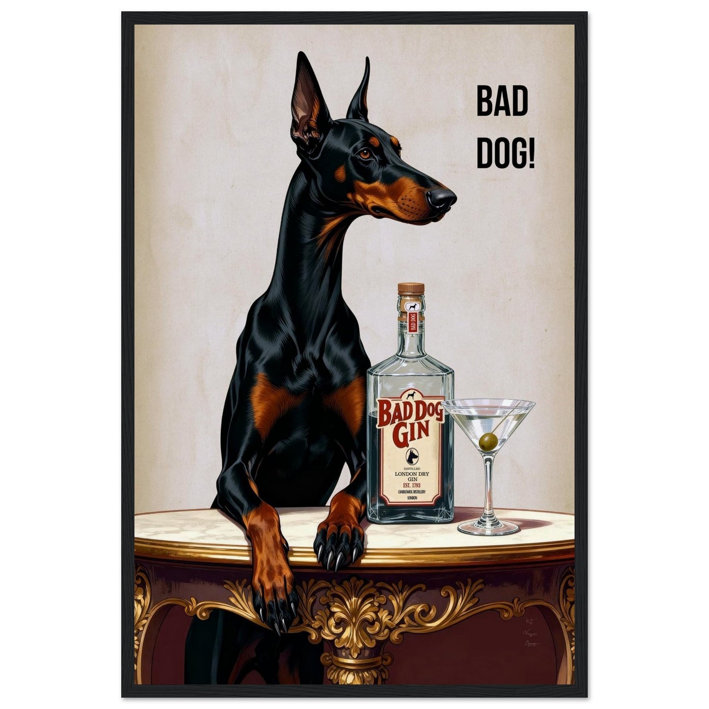 Bad Dog Gin Cocktail Bar Art Print 40x60 cm 16x24″ Museum-Quality Matte Framed Poster Black Wood Frame
