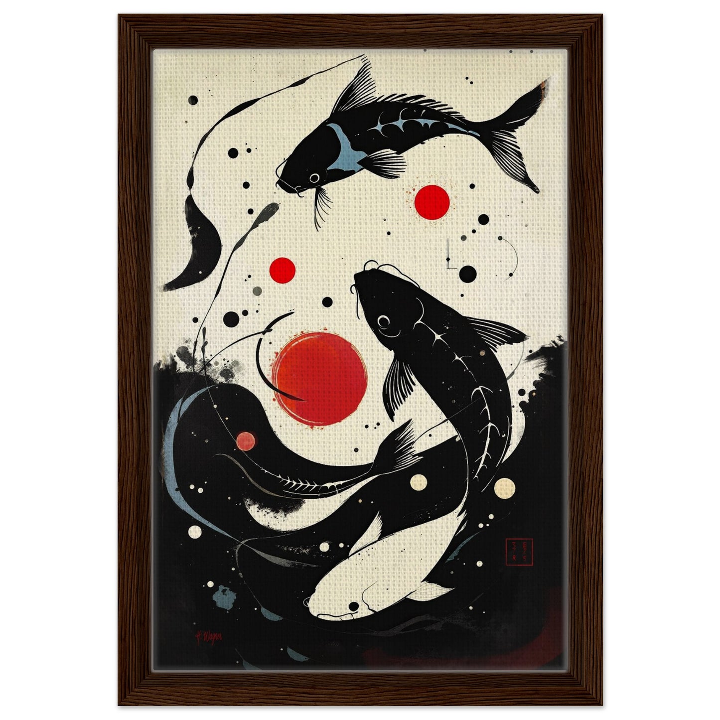 Mid-Century Modern Koi Fish Art Poster Print – Framed Abstract Black White Wall Décor 30x45 cm 12x18″ Framed Canvas Dark Brown Wood Frame