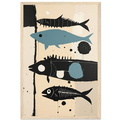 Mid-Century Modern Fish Art Poster Print – Framed Abstract Neutral Wall Decor Light Wood Frame 30x45 cm 12x18″ Premium Matte Wooden Framed Poster