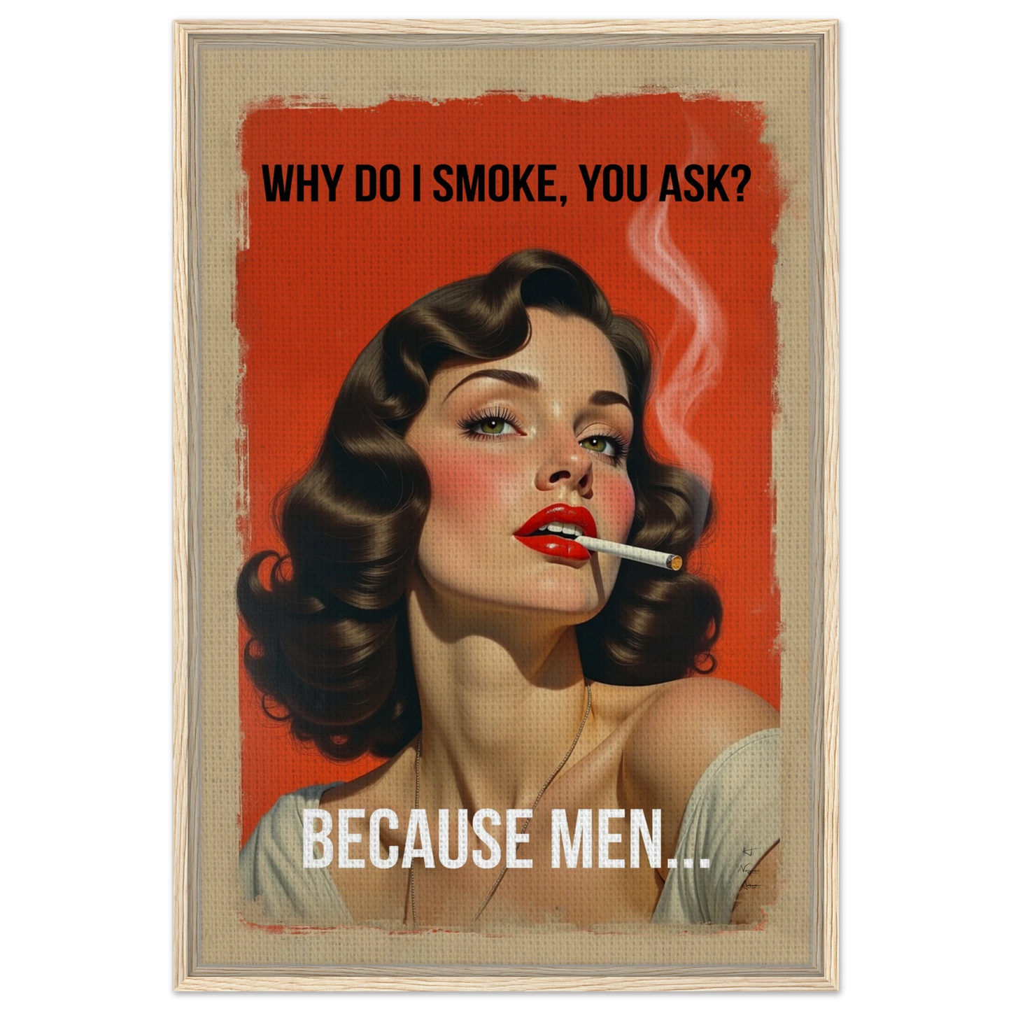 Retro Smoking Pin-Up Girl Art Print Light Wood Frame 60x90 cm 24x36″ Framed Canvas