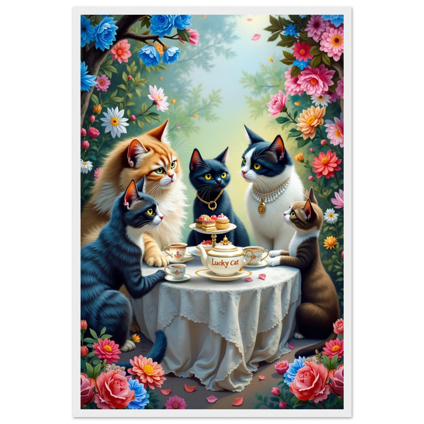 Lucky Cat Tea Party Botanical Art Print 40x60 cm 16x24″ Premium Matte Paper Wooden Framed Poster White Wood Frame
