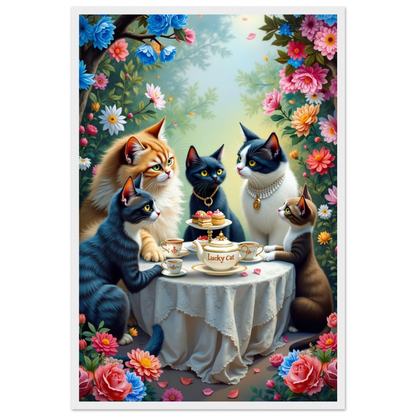 Lucky Cat Tea Party Botanical Art Print 40x60 cm 16x24″ Premium Matte Paper Wooden Framed Poster White Wood Frame
