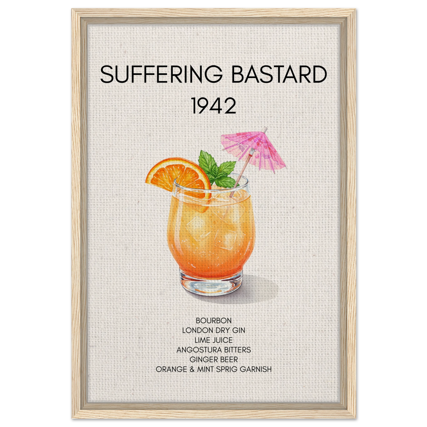 Suffering Bastard Tiki Cocktail Bar Poster Print Light Wood Frame 40x60 cm 16x24″ Framed Canvas
