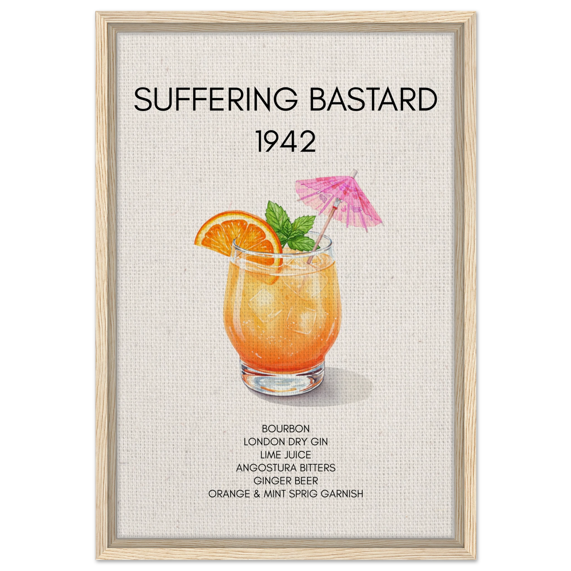 Suffering Bastard Tiki Cocktail Bar Poster Print Light Wood Frame 40x60 cm 16x24″ Framed Canvas