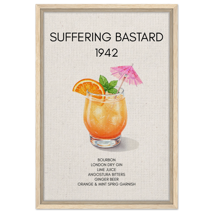 Suffering Bastard Tiki Cocktail Bar Poster Print Light Wood Frame 40x60 cm 16x24″ Framed Canvas