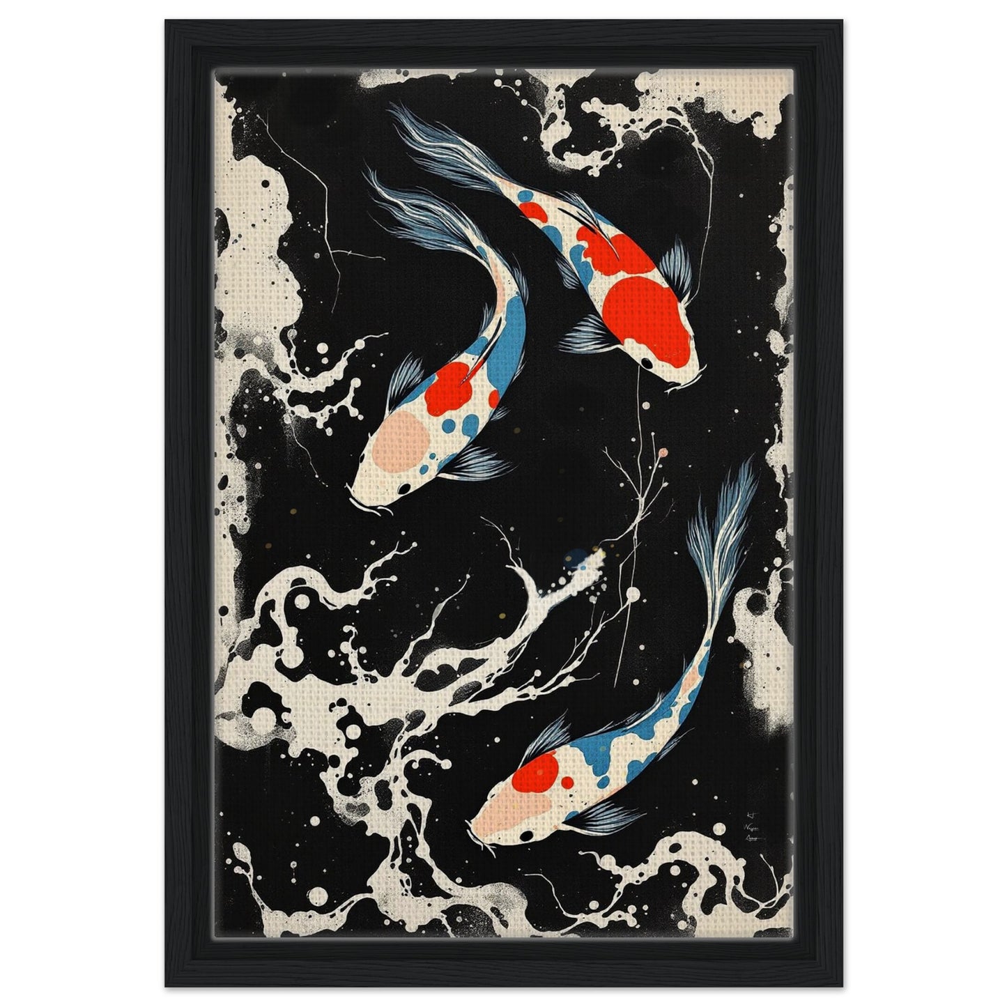Modern Black White Koi Fish Ocean Art Print 30x45 cm 12x18″ Framed Canvas Black Wood Frame