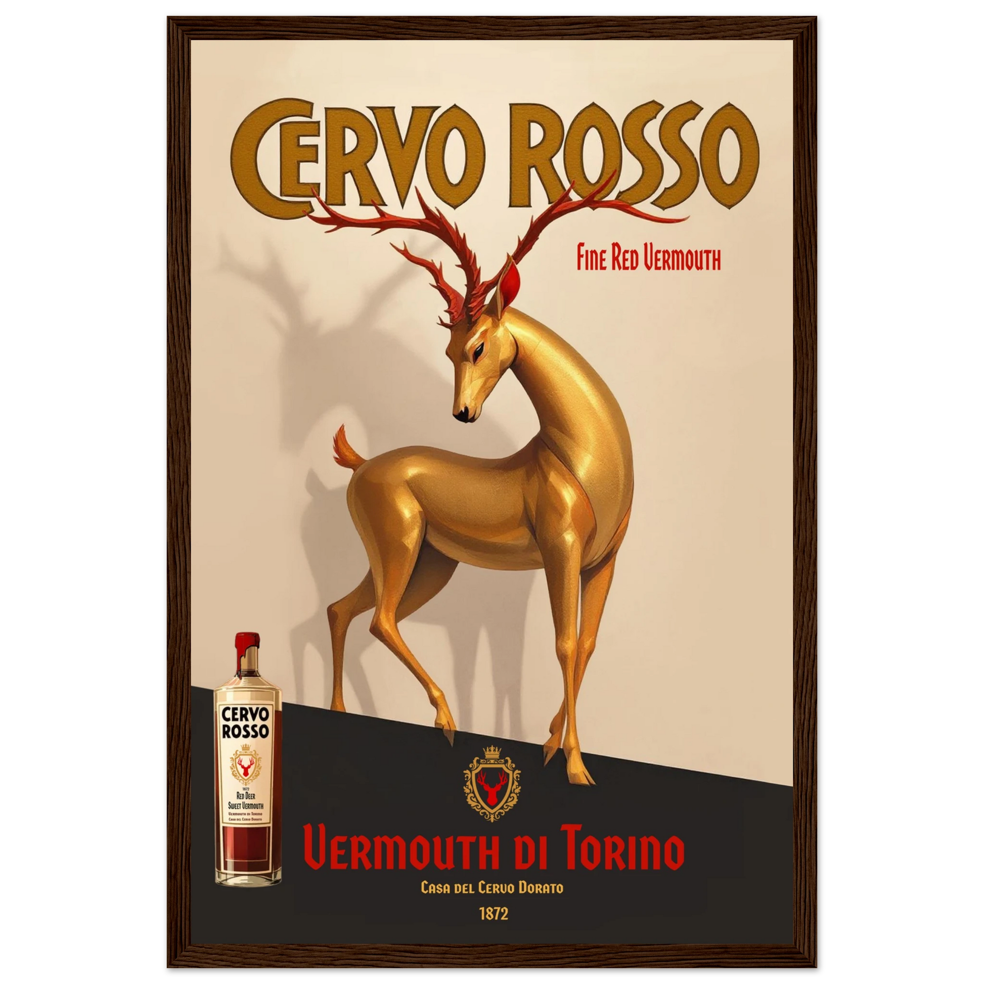 Art Deco Golden Deer Cocktail Bar Poster Print 30x45 cm 12x18″ Classic Matte Paper Wooden Framed Poster Dark Brown Wood Frame