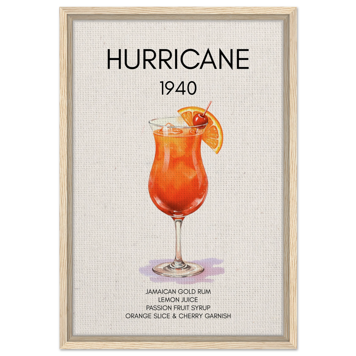 Hurricane Cocktail Bar Poster Print Light Wood Frame 40x60 cm 16x24″ Framed Canvas