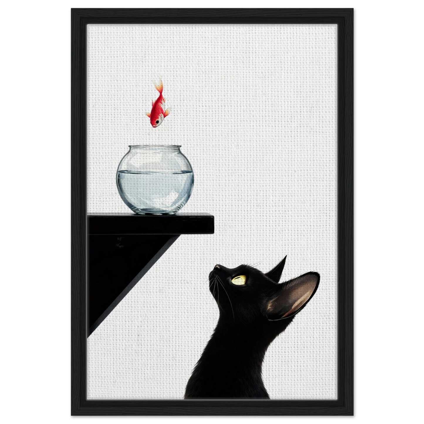 Curious Black Cat Goldfish Minimalist Art Print 40x60 cm 16x24″ Framed Canvas - Black Wood