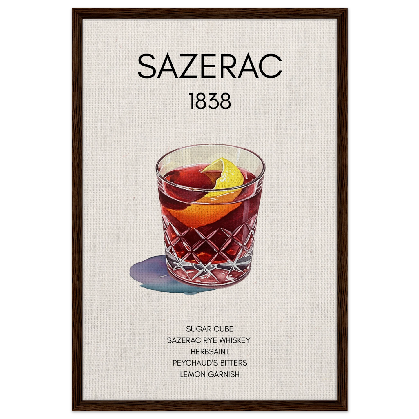 Sazerac Cocktail Bar Poster Print Dark Brown Wood Frame 60x90 cm 24x36″ Framed Canvas