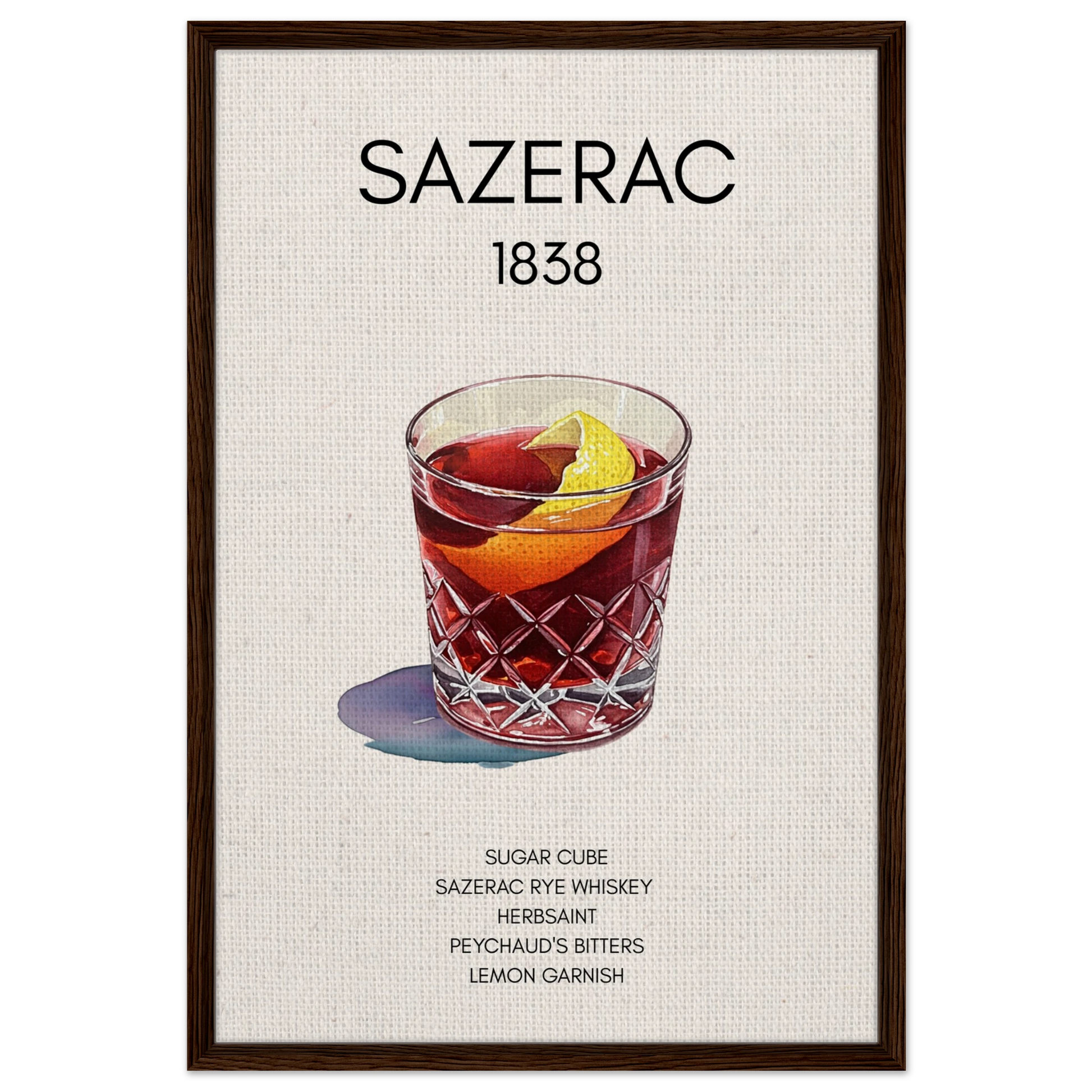 Sazerac Cocktail Bar Art Print Dark Brown Wood Frame 60x90 cm 24x36″ Framed Canvas