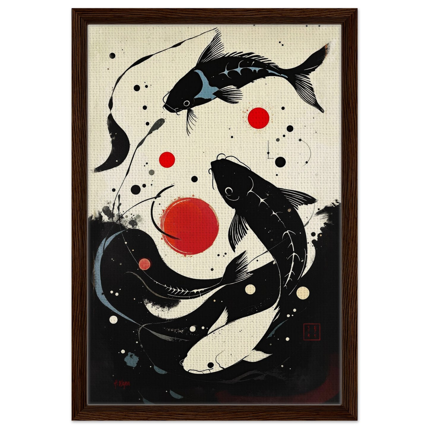 Mid-Century Modern Koi Fish Art Poster Print – Framed Abstract Black White Wall Décor 40x60 cm 16x24″ Framed Canvas Dark Brown Wood Frame