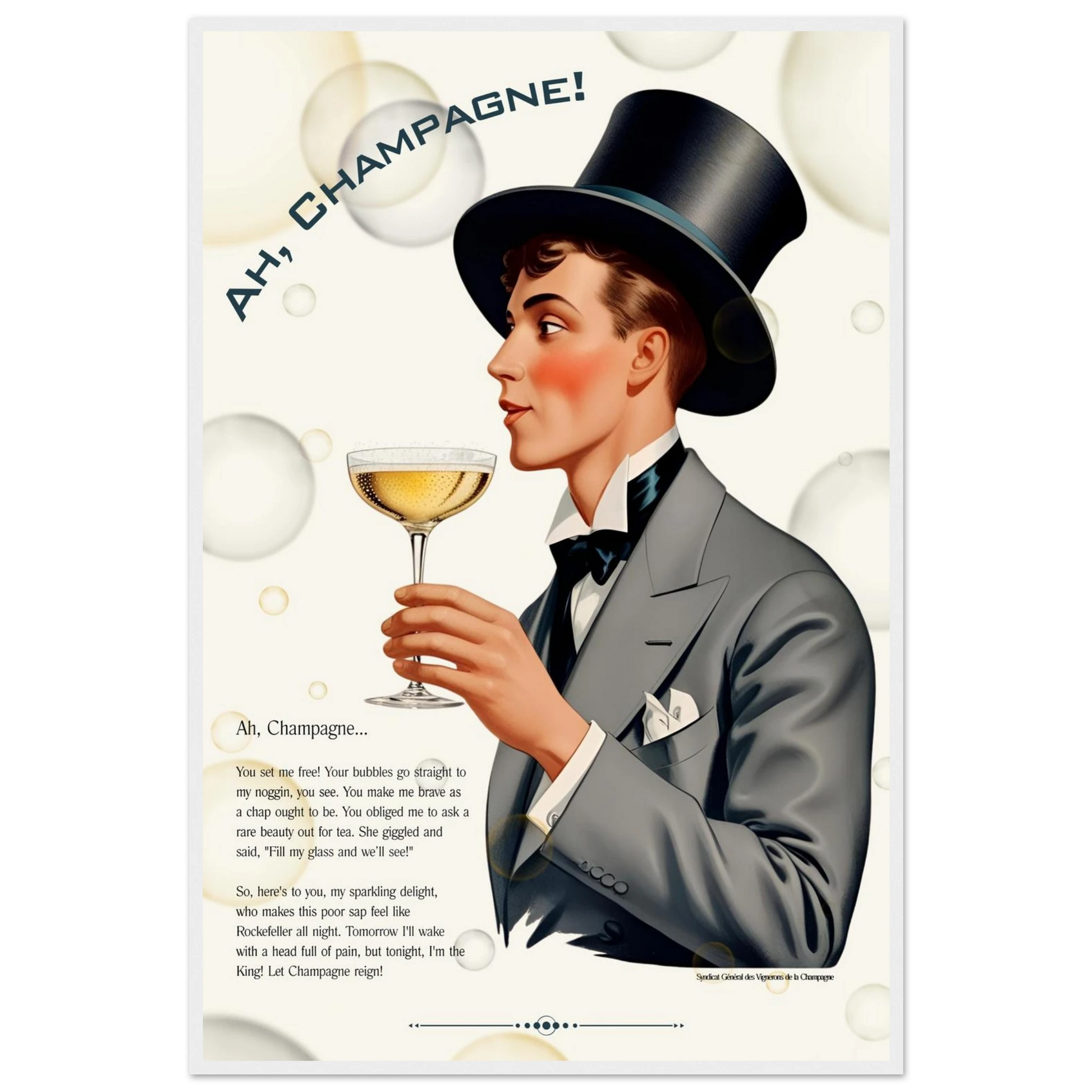 Art Deco Champagne Funny Poem Art Print 60x90 cm 24x36″ Premium Matte Paper Wooden Framed Poster White frame