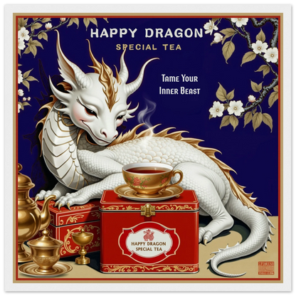 Happy Dragon Tea Art Print 40x40 cm 16x16″ Museum-Quality Matte Paper Wooden Framed Poster White Wood Frame