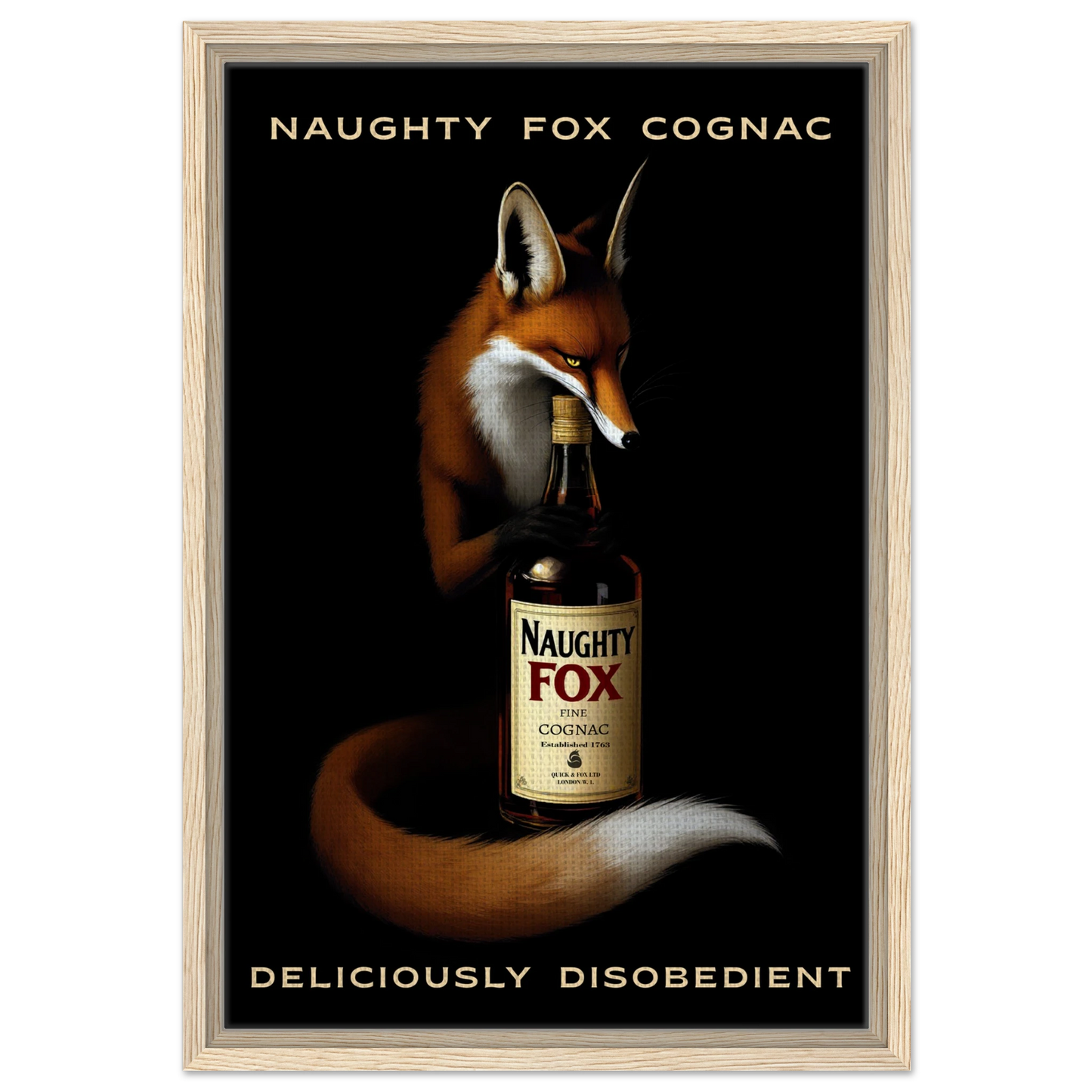 Fox Cognac Cocktail Bar Art Print Light Wood Frame 40x60 cm 16x24″ Framed Canvas