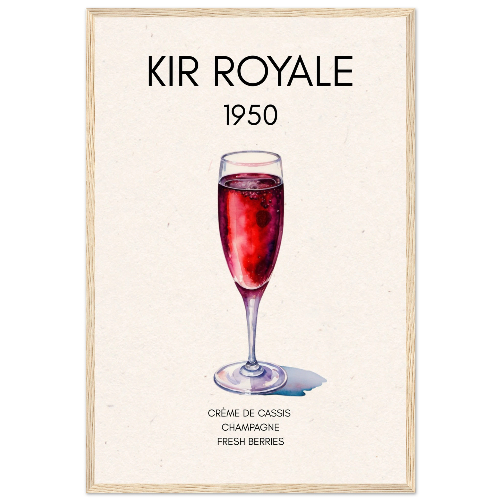 Kir Royale Champagne Cocktail Bar Art Print Light Wood Frame 40x60 cm 16x24″ Premium Matte Paper Wooden Framed Poster