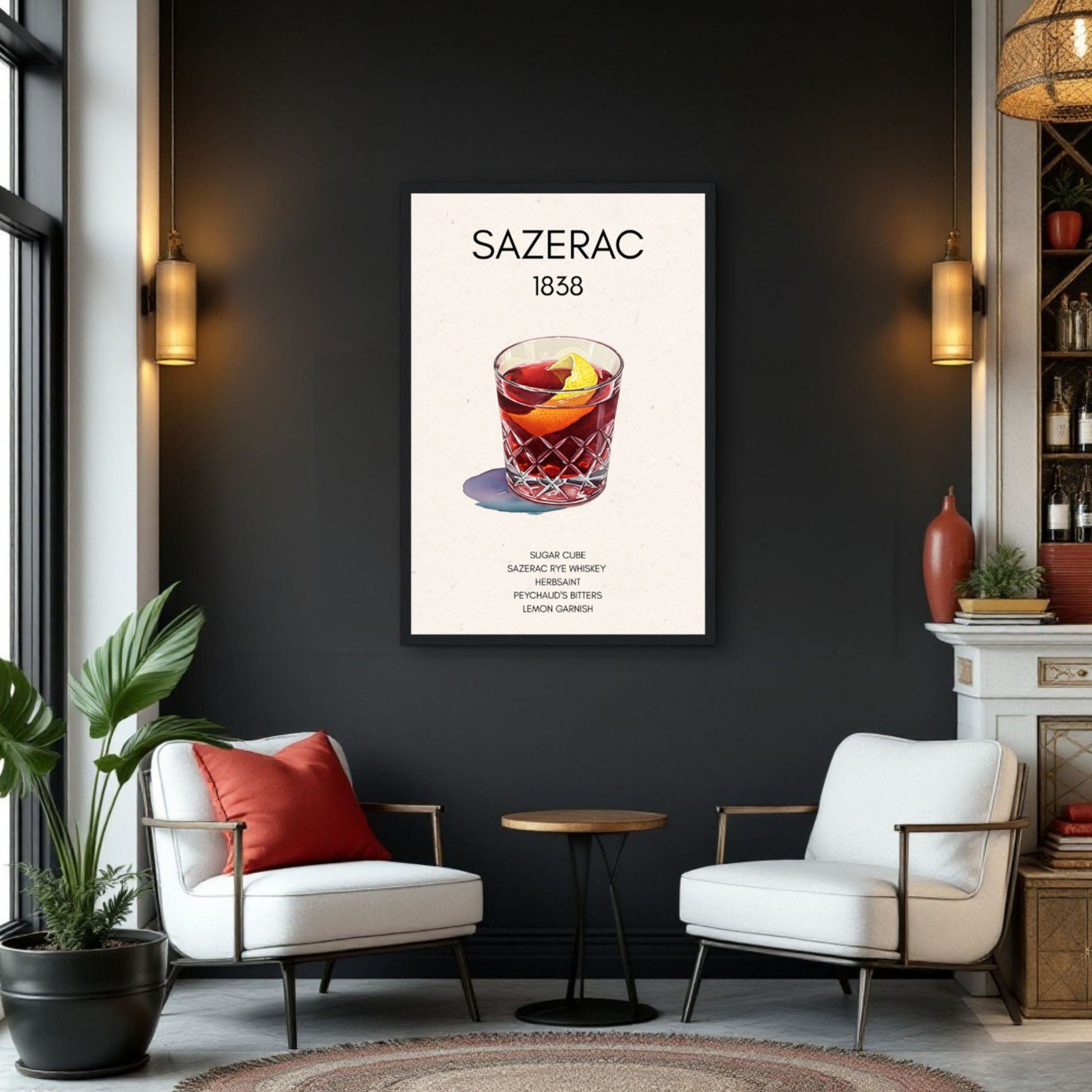 Sazerac Cocktail Bar Poster Print Black Wood Frame 30x45 cm 12x18″ Premium Matte Paper Wooden Framed Poster