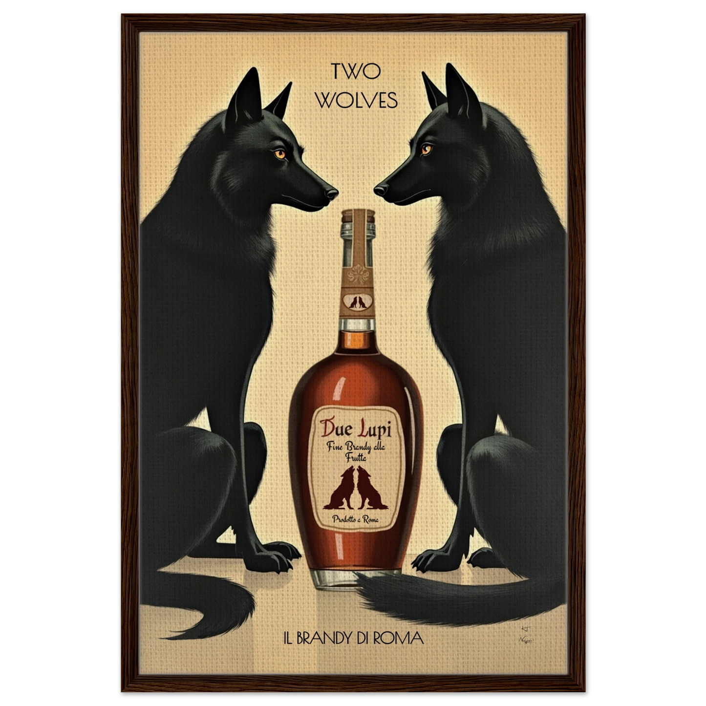 Two Wolves Italian Cocktail Bar Art Print 60x90 cm 24x36″ Framed Canvas Dark Brown Wood Frame
