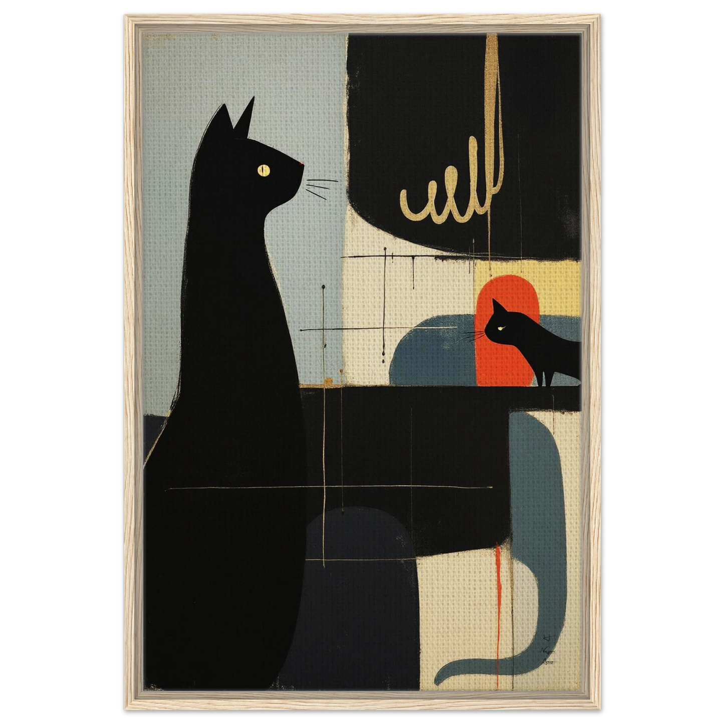 Abstract Cat & Kitten Modern Art Print Light Wood Frame 60x90 cm 24x36″ Framed Canvas