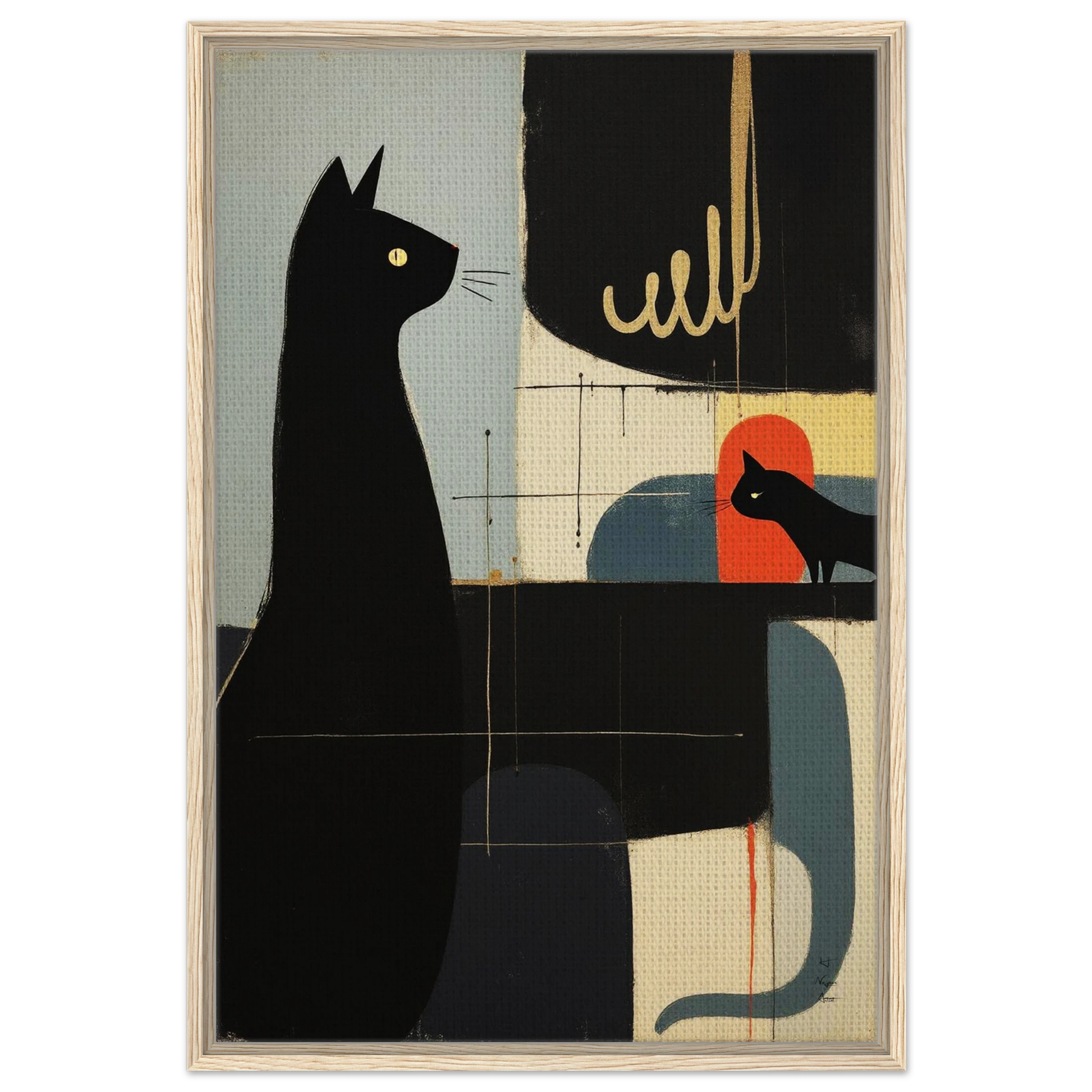 Abstract Cat & Kitten Modern Art Print Light Wood Frame 60x90 cm 24x36″ Framed Canvas