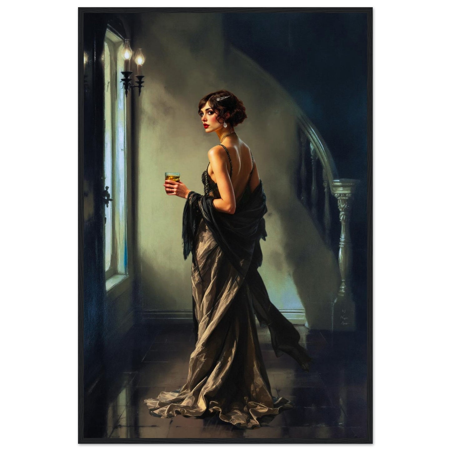 Art Deco Flapper Speakeasy Fine Art Print Black Wood Frame 60x90 cm 24x36″ Museum-Quality Matte Framed Poster