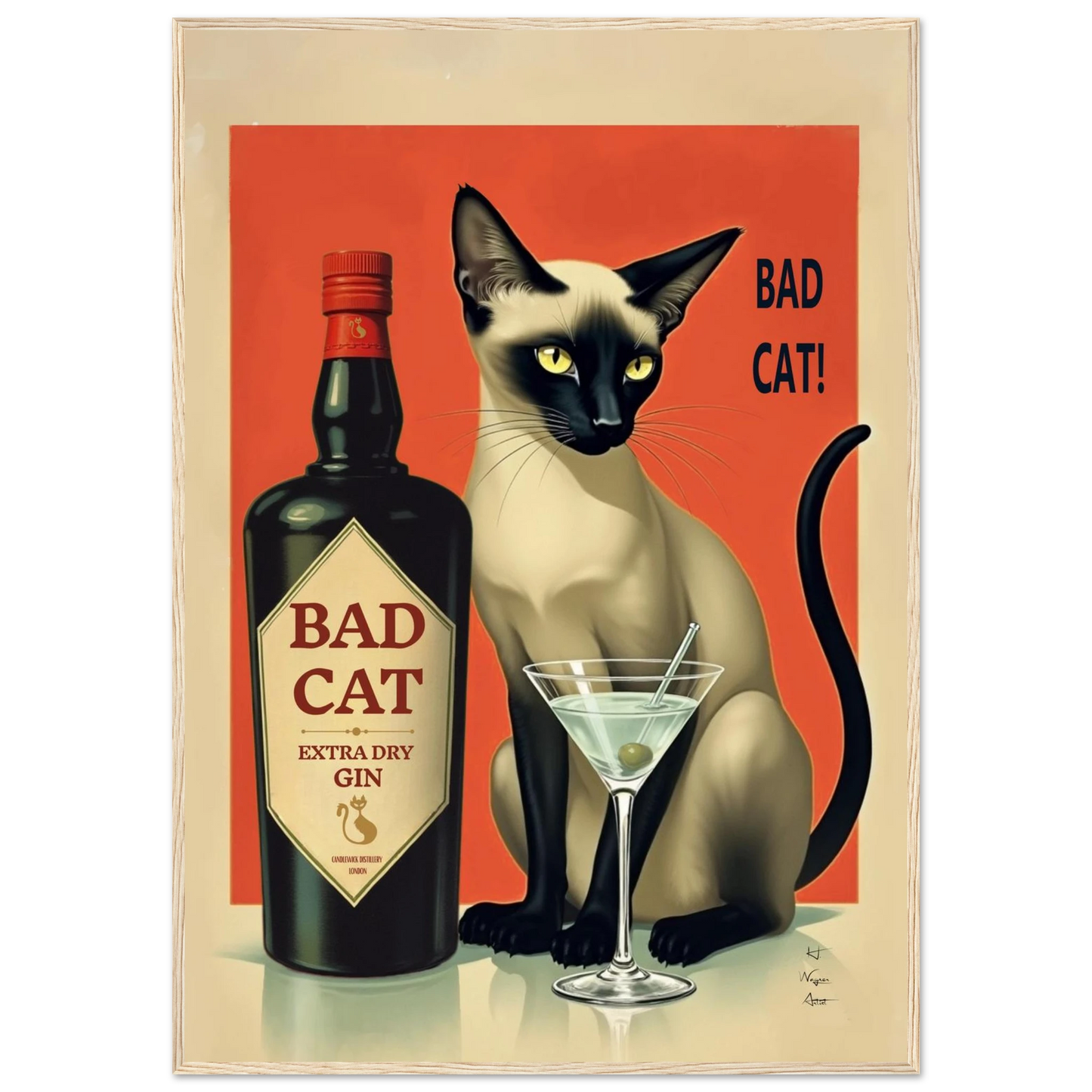Siamese Cat Gin Martini Cocktail Art Print 70x100 cm 28x40″ Classic Matte Paper Wooden Framed Poster Light Wood Frame