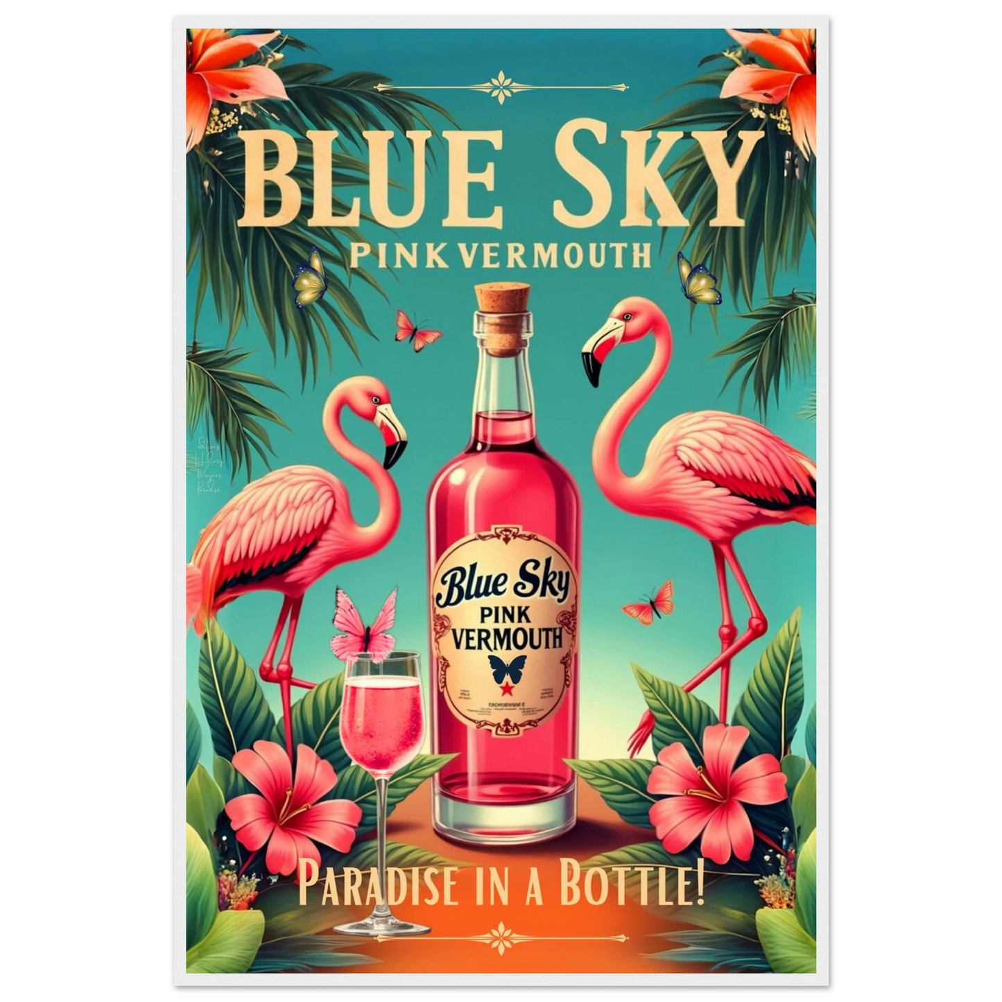 Vintage Pink Flamingo Tiki Bar Art Print 60x90 cm 24x36″ Premium Semi-Glossy Paper Wooden Framed Poster White Wood Frame