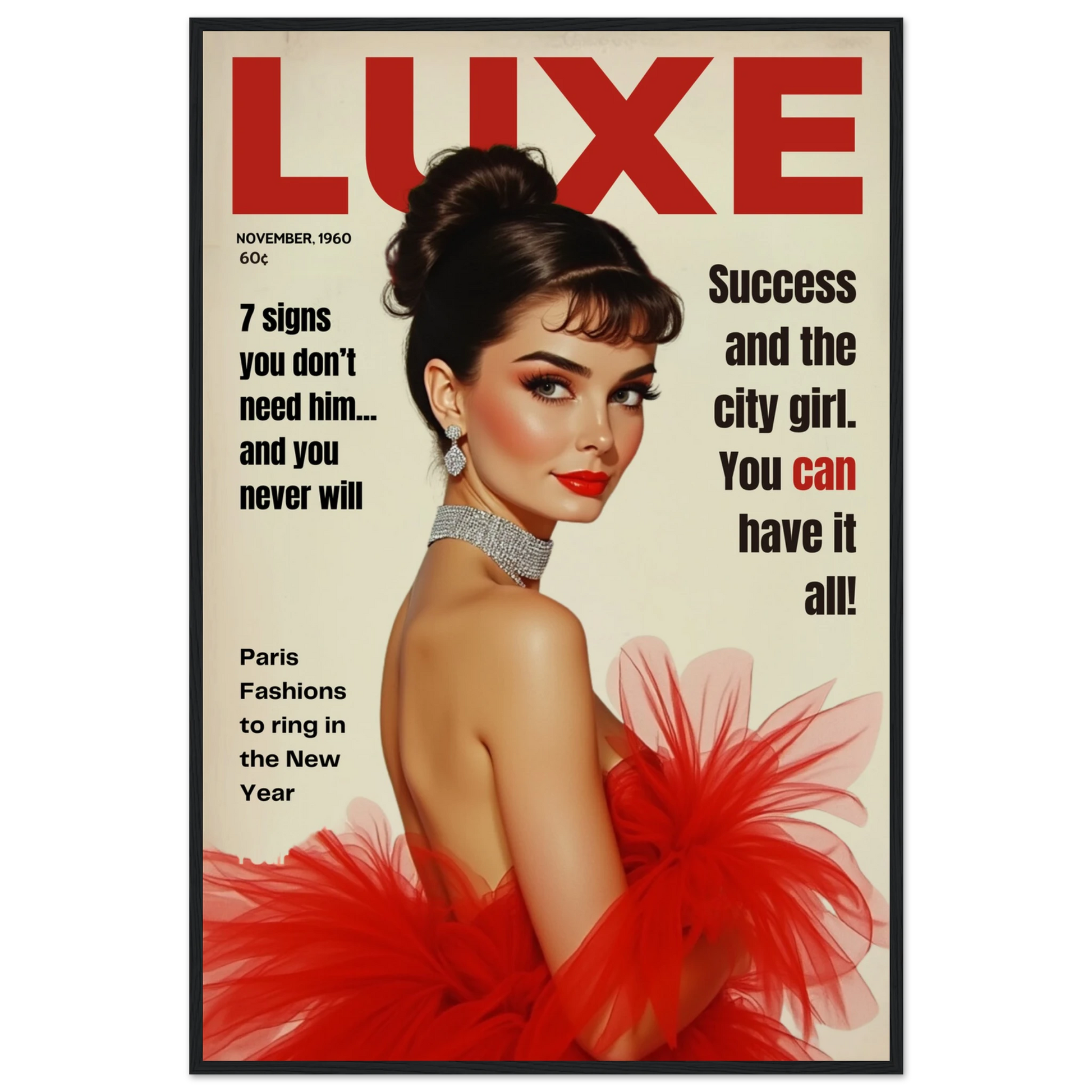 Audrey Hepburn Vintage Fashion Art Print Black Wood Frame 60x90 cm 24x36″ Premium Matte Paper Wooden Framed Poster