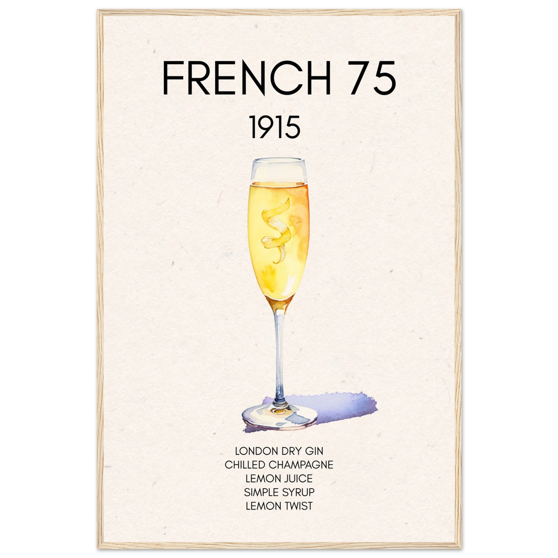 French 75 Cocktail Art Print Light Wood Frame 60x90 cm 24x36″ Classic Matte Paper Wooden Framed Poster