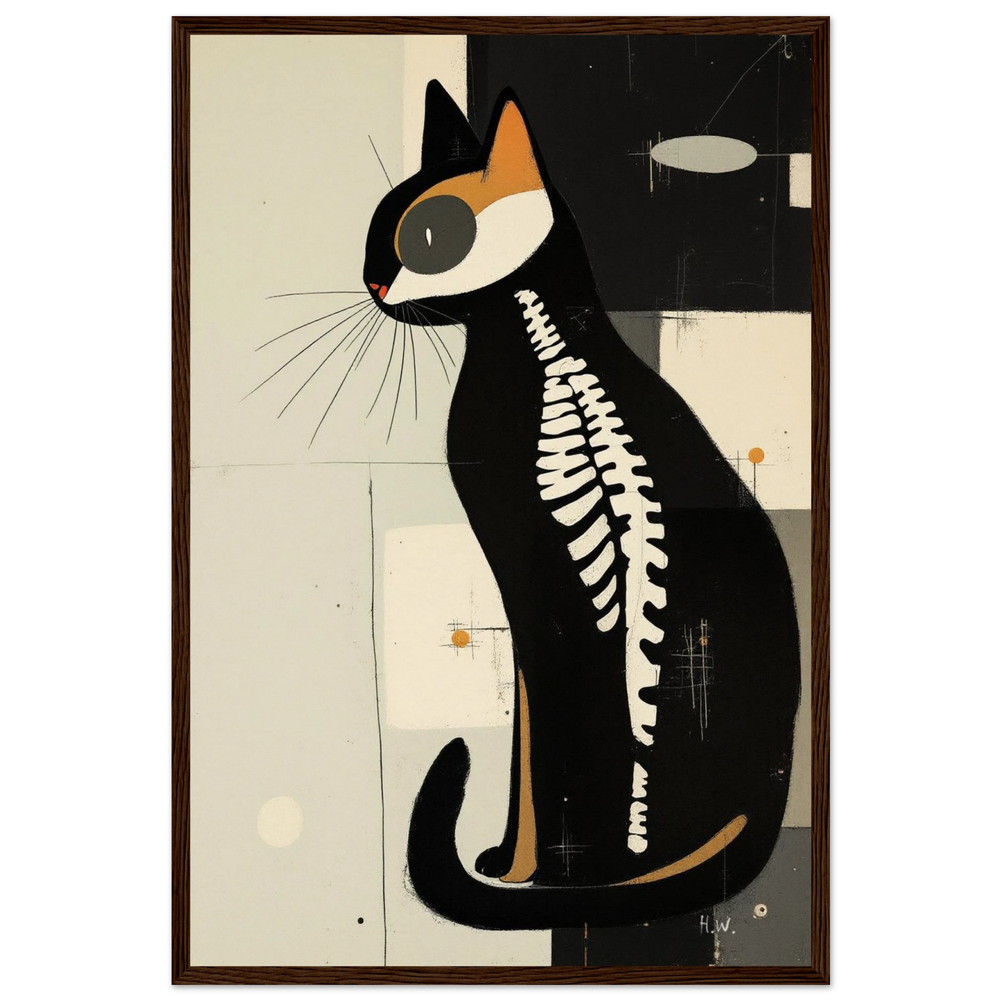 Modern Cat Skeleton Abstract Art Poster Print Dark Brown Wood Frame 40x60 cm 16x24″ Museum-Quality Matte Paper Wooden Framed Poster