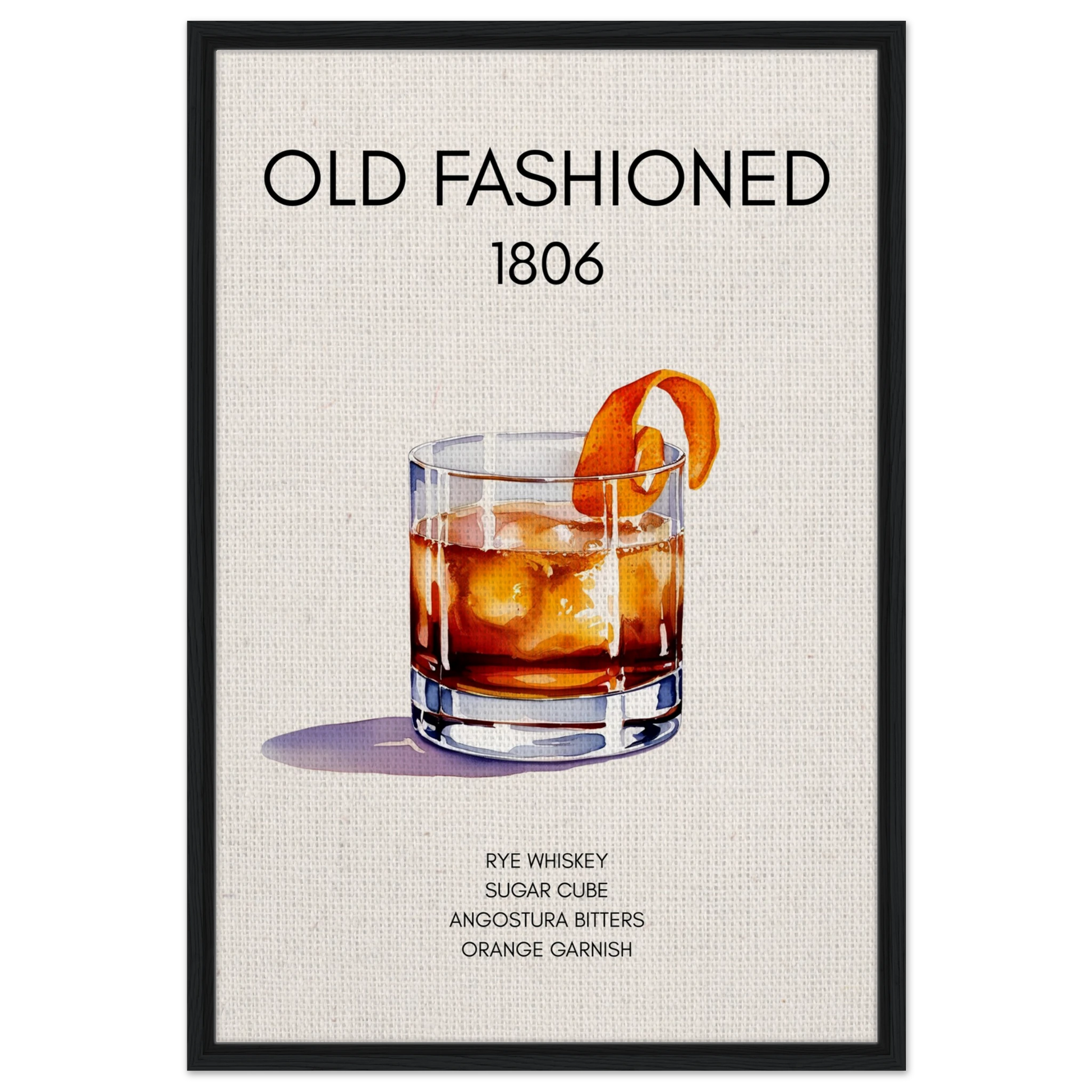 Classic Old Fashioned Cocktail Bar Art Print Black Wood Frame 60x90 cm 24x36″ Framed Canvas