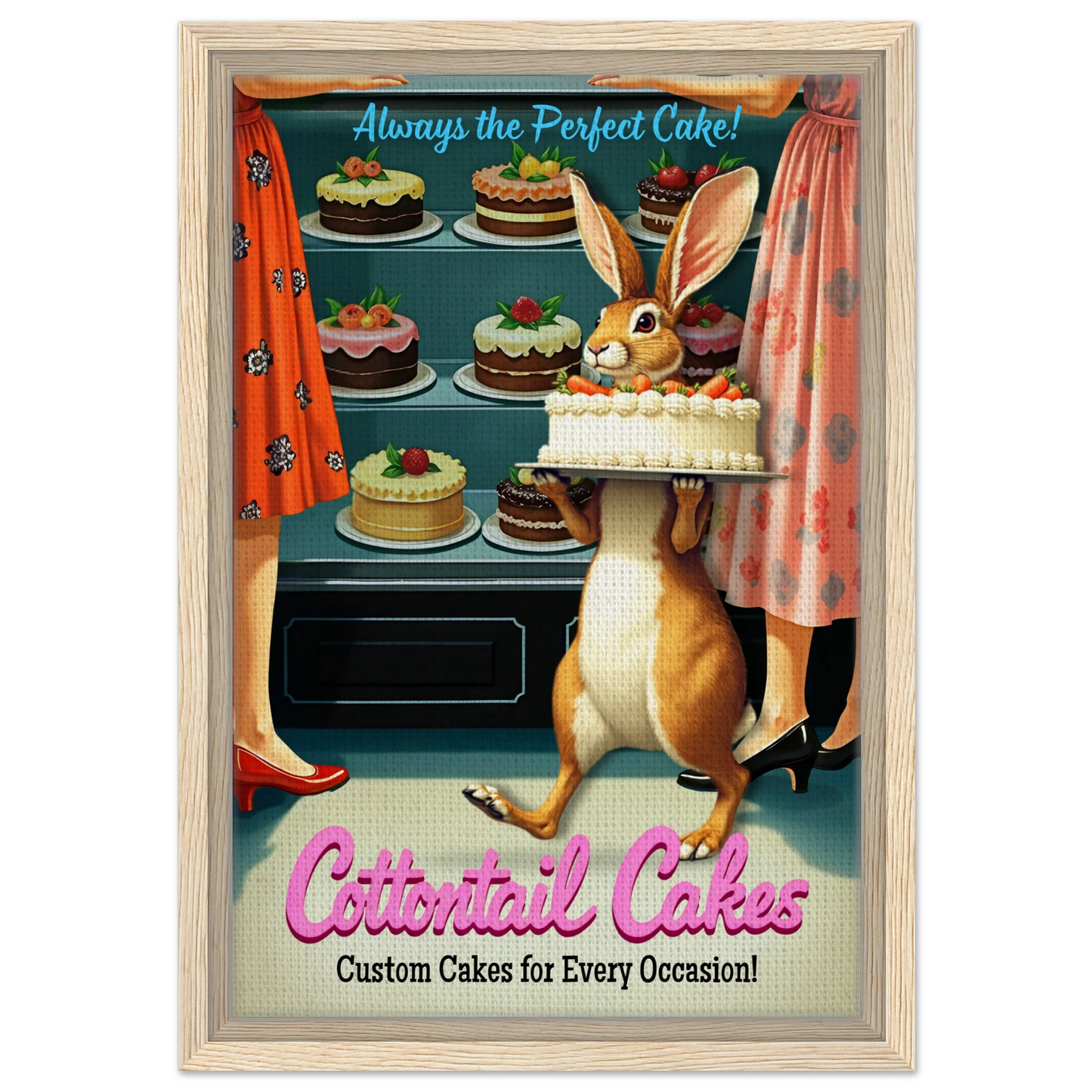 Cottontail Rabbit Bakery 1950s Kitchen Print Light Wood Frame 30x45 cm 12x18″ Framed Canvas