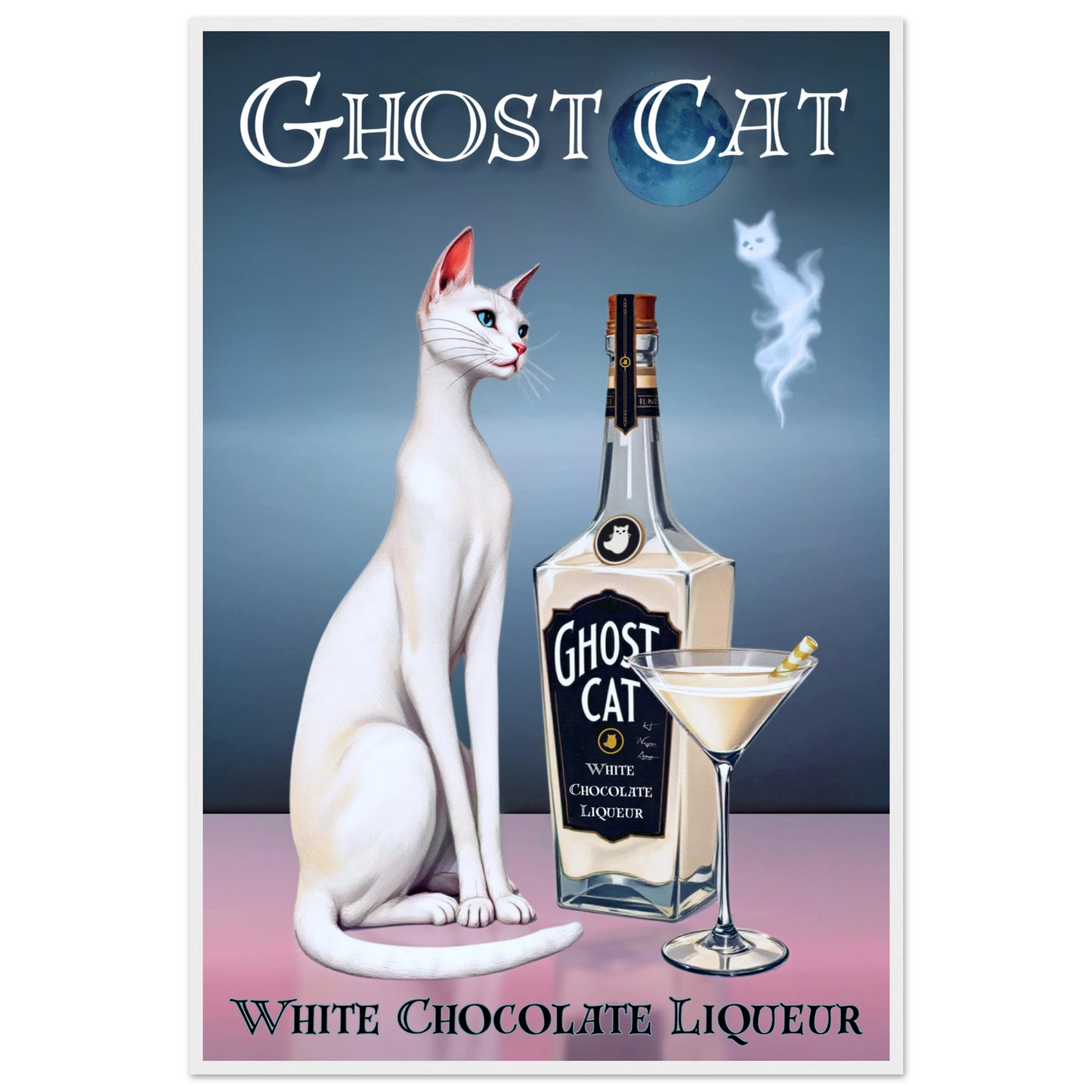 White Cat Martini Cocktail Bar Art Print 60x90 cm 24x36″ Classic Matte Paper Wooden Framed Poster White Wood Frame