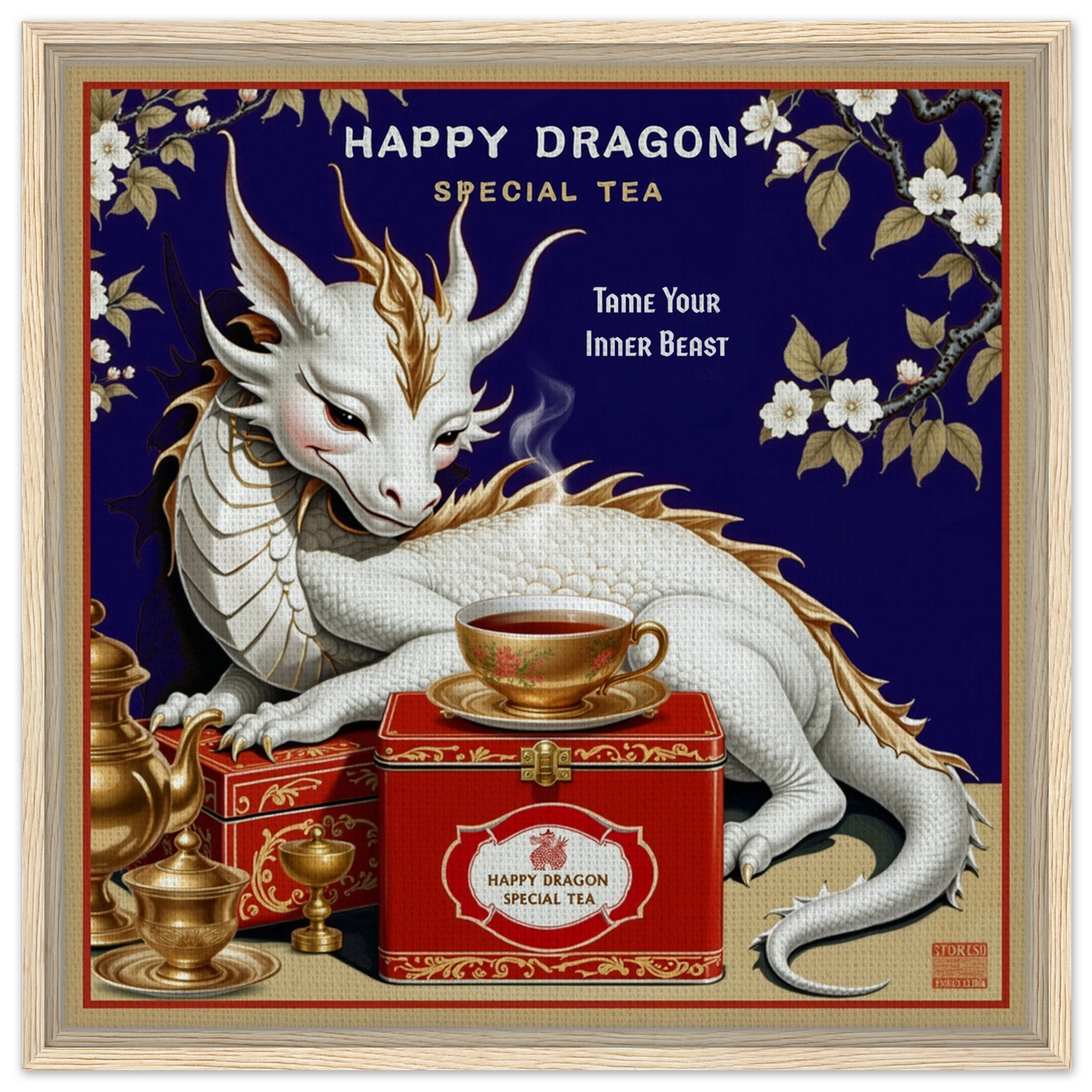 Happy Dragon Tea Art Print 60x60 cm 24x24″ Framed Canvas Light Wood Frame