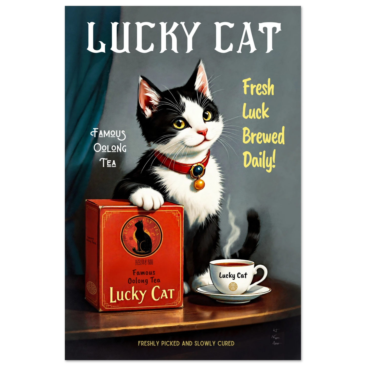 Lucky Tuxedo Cat Tea Kitchen Art Print 60x90 cm 24x36″ Classic Matte Paper Poster No Frame