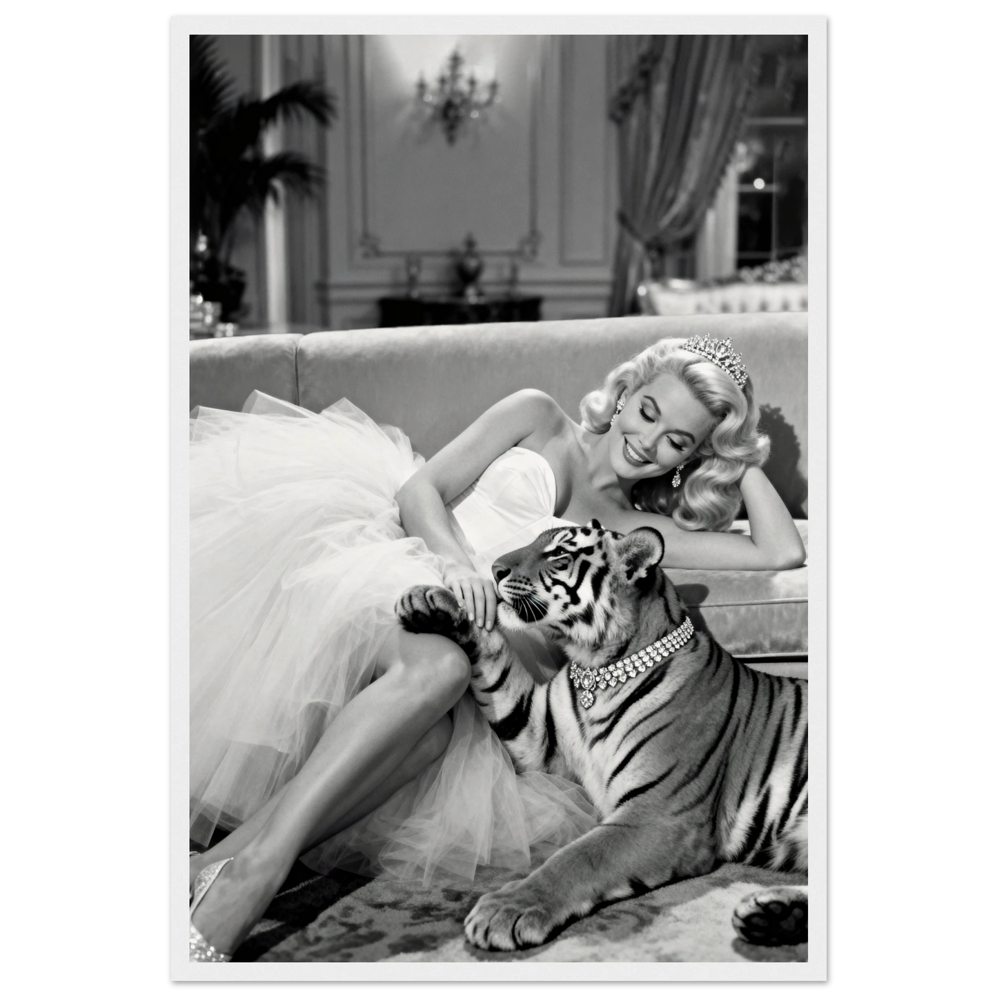 Vintage Hollywood Starlet Tiger Art Print 40x60 cm 16x24″ Museum-Quality Matte Framed Poster - White Wood