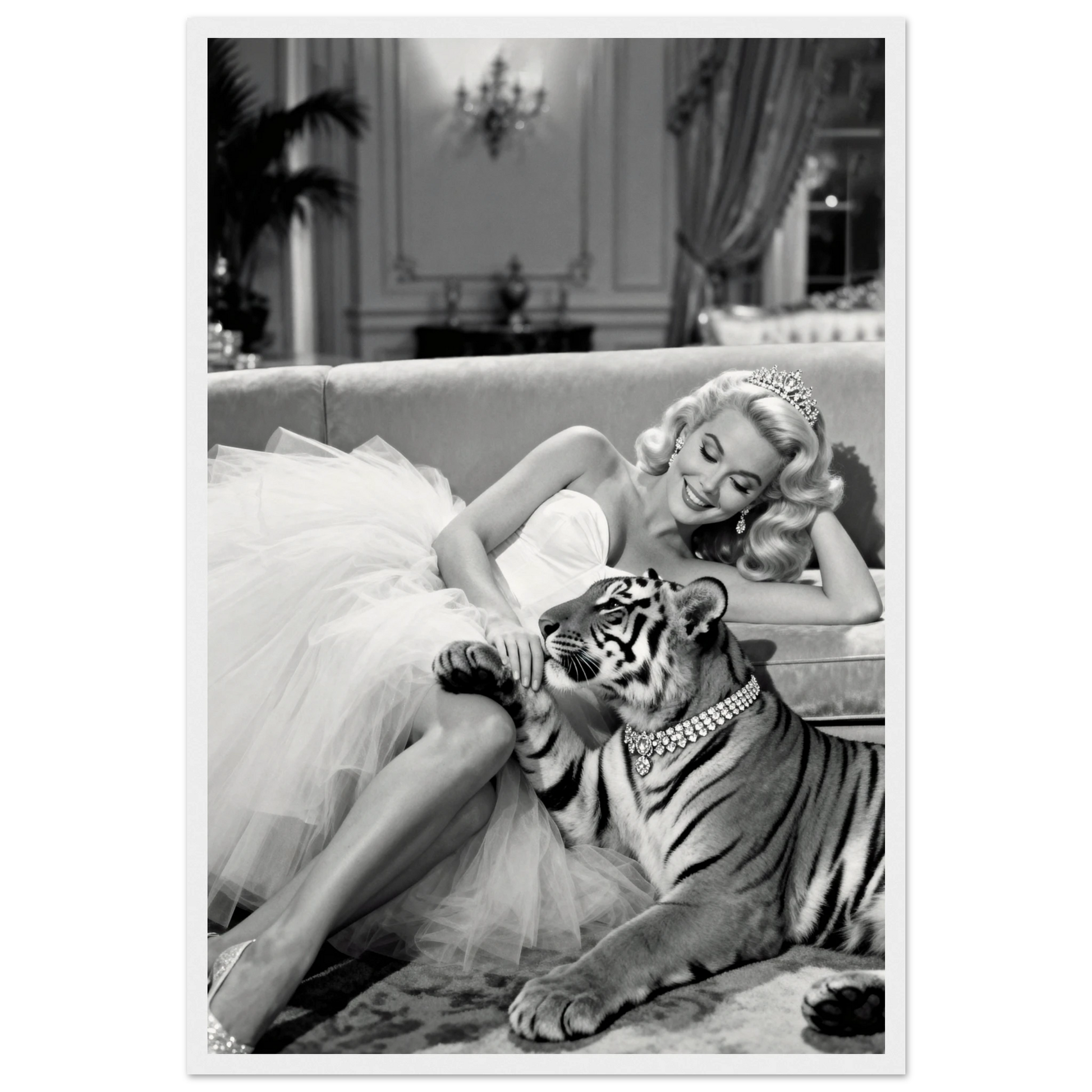 Vintage Hollywood Starlet Tiger Art Print 40x60 cm 16x24″ Museum-Quality Matte Framed Poster - White Wood