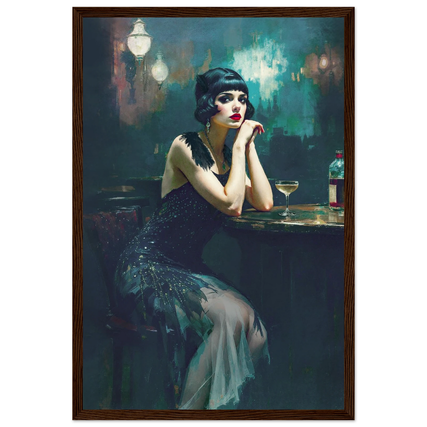 Jazz Age Speakeasy Flapper Art Print Dark Brown Wood Frame 30x45 cm 12x18″ Museum-Quality Matte Framed Poster